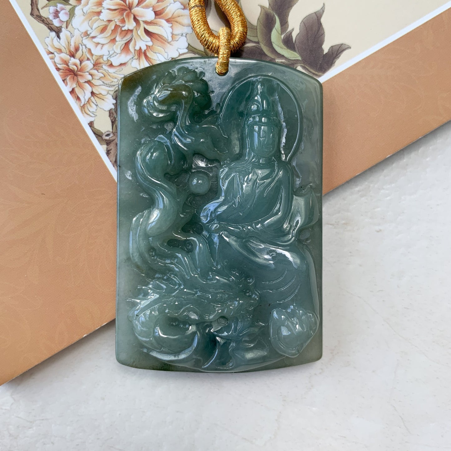 Jadeite Jade Guan Yin Kwan Yin Protected by Dragon Avalokitesvara Semi-Translucent Carved Pendant Necklace, YJ-0321-0348626 - AriaDesignCollection