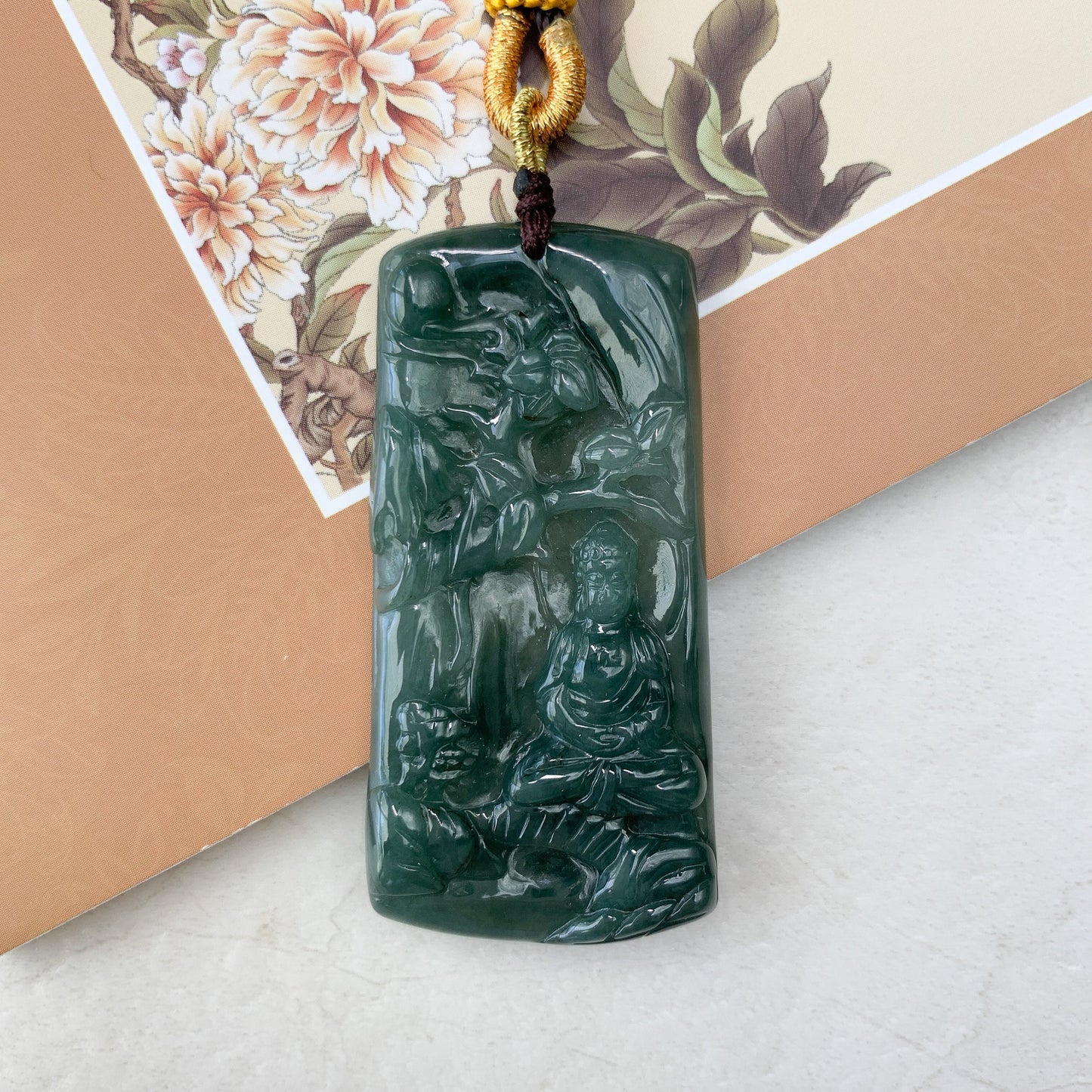 Jadeite Jade Vairocana Buddha Da Ri Ru Lai Green Yellow Carved Pendant Necklace, YJ-0321-0360436 - AriaDesignCollection
