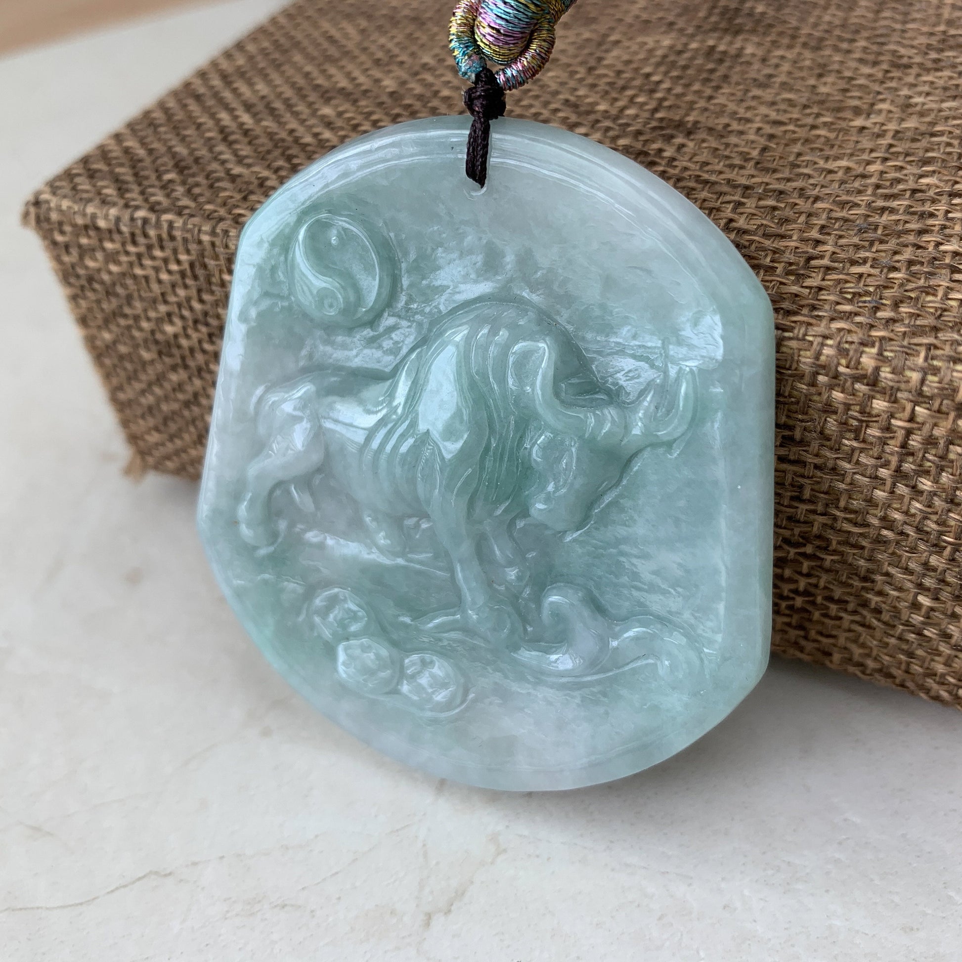 Ox Jadeite Jade Bull Cow Chinese Zodiac Carved Rustic Pendant Necklace, YJ-0321-0324765 - AriaDesignCollection