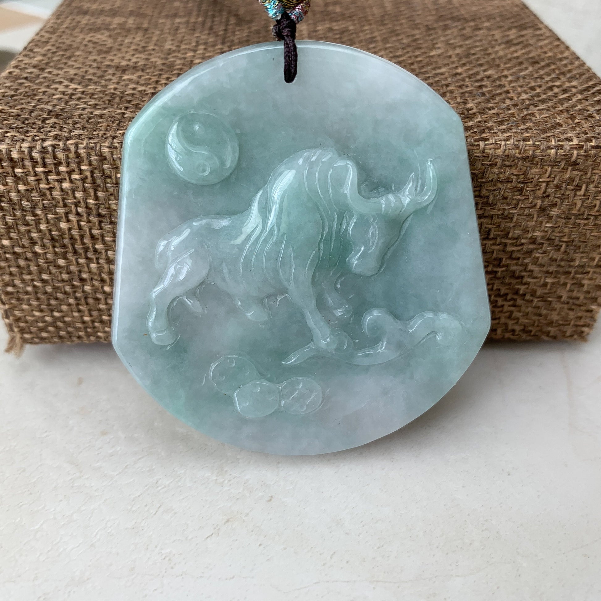 Ox Jadeite Jade Bull Cow Chinese Zodiac Carved Rustic Pendant Necklace, YJ-0321-0324765 - AriaDesignCollection