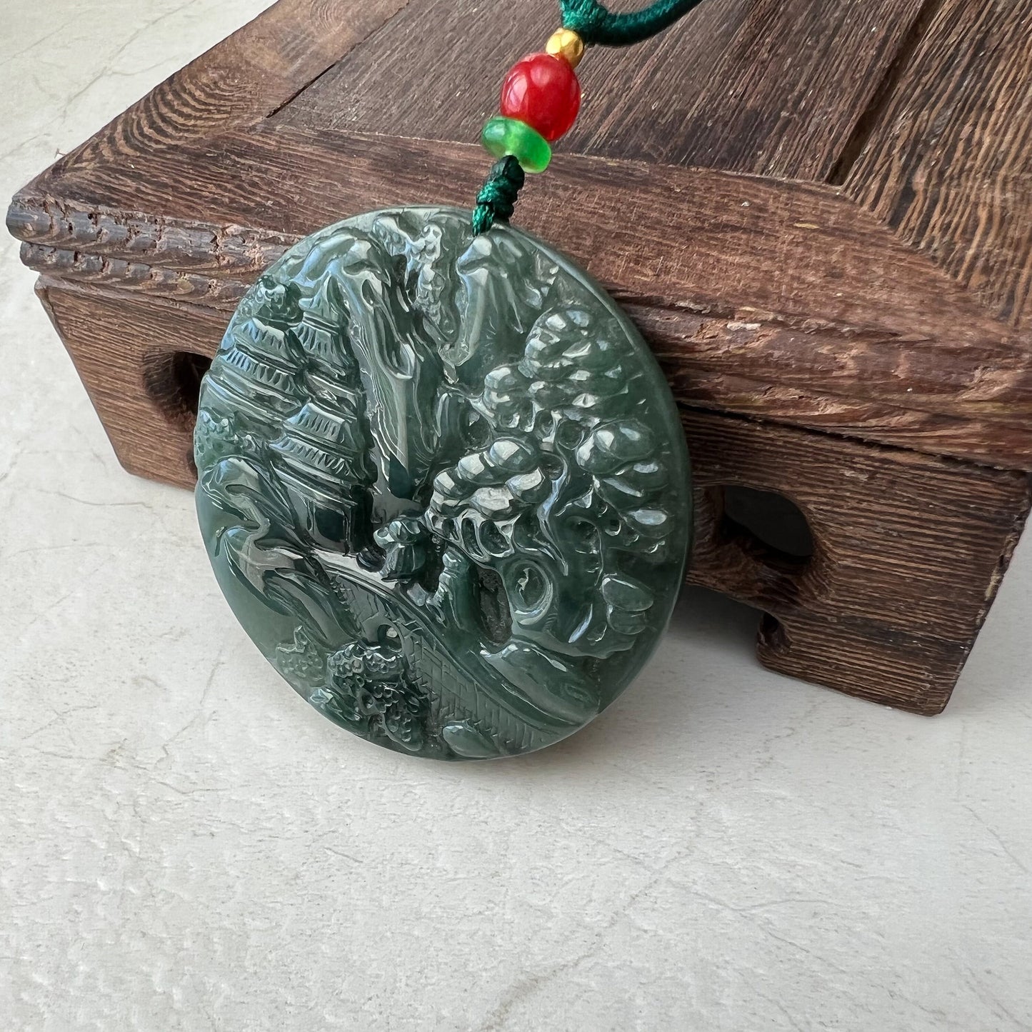 Jadeite Jade Landscape Tree Mountain Forest River Scenery Hand Carved Pendant Necklace, YJ-0921-0111438 - AriaDesignCollection