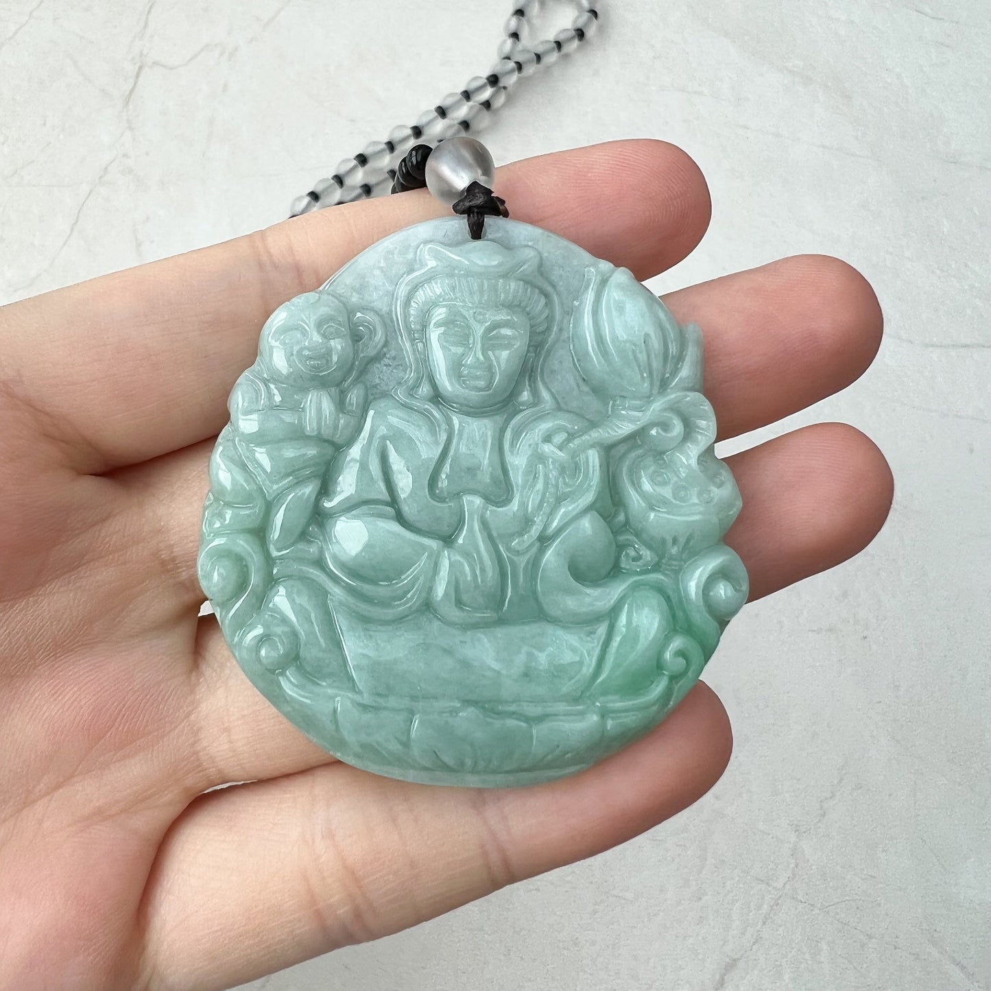 Jadeite Jade Guan Yin Fertility Goddess, Bringer of Children, Avalokiteshvara Pendant Necklace, Green, Kuan Yin, Song zi, YJ-0921-0172411 - AriaDesignCollection