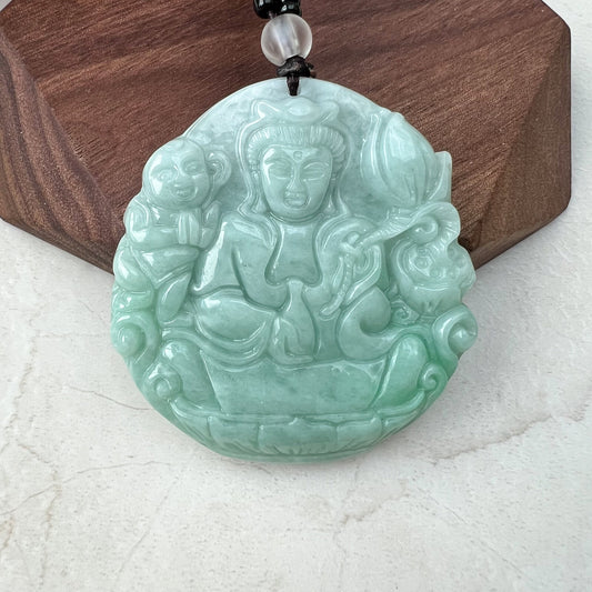 Jadeite Jade Guan Yin Fertility Goddess, Bringer of Children, Avalokiteshvara Pendant Necklace, Green, Kuan Yin, Song zi, YJ-0921-0172411 - AriaDesignCollection