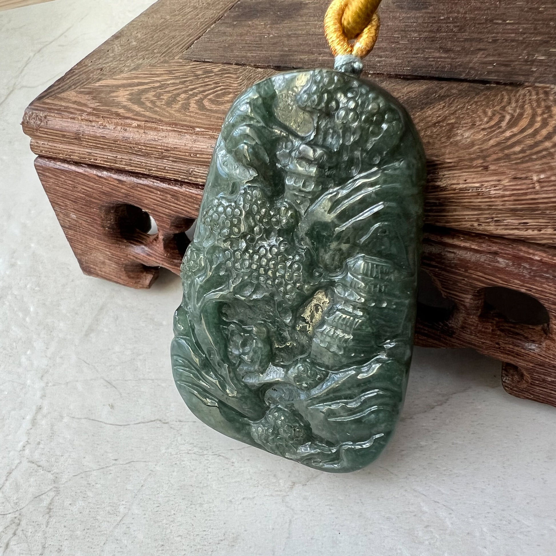 Jadeite Jade Landscape Mountain Forest River Scenery Tree Hand Carved Pendant Necklace, YJ-0921-0084977 - AriaDesignCollection