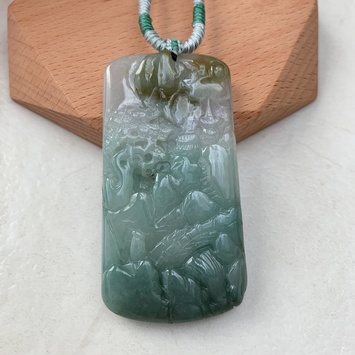 Jadeite Jade Landscape Tree Mountain Forest River Scenery Hand Carved Pendant Necklace, YJ-0921-0132577 - AriaDesignCollection
