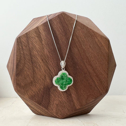 Four Leaf Clover, Jadeite Jade, Sterling Silver, Minimalist Pendant Hand Carved Necklace, TH-0921-TH0075336 - AriaDesignCollection