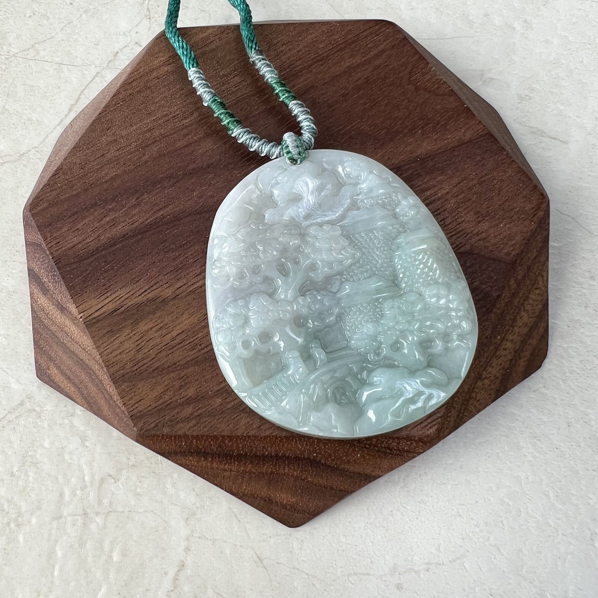 Jadeite Jade Landscape Mountain Forest River Scenery Hand Carved Pendant Necklace, YJ-0921-0166733 - AriaDesignCollection