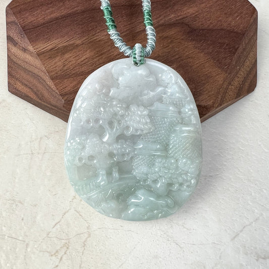 Jadeite Jade Landscape Mountain Forest River Scenery Hand Carved Pendant Necklace, YJ-0921-0166733 - AriaDesignCollection