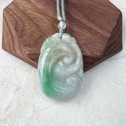 Green Ruyi, Ru Yi, 如意, Jadeite Jade, Ancient Scepter, Luck Charm, Pendant Hand Carved Necklace, QY-0921-DFZB37416 - AriaDesignCollection