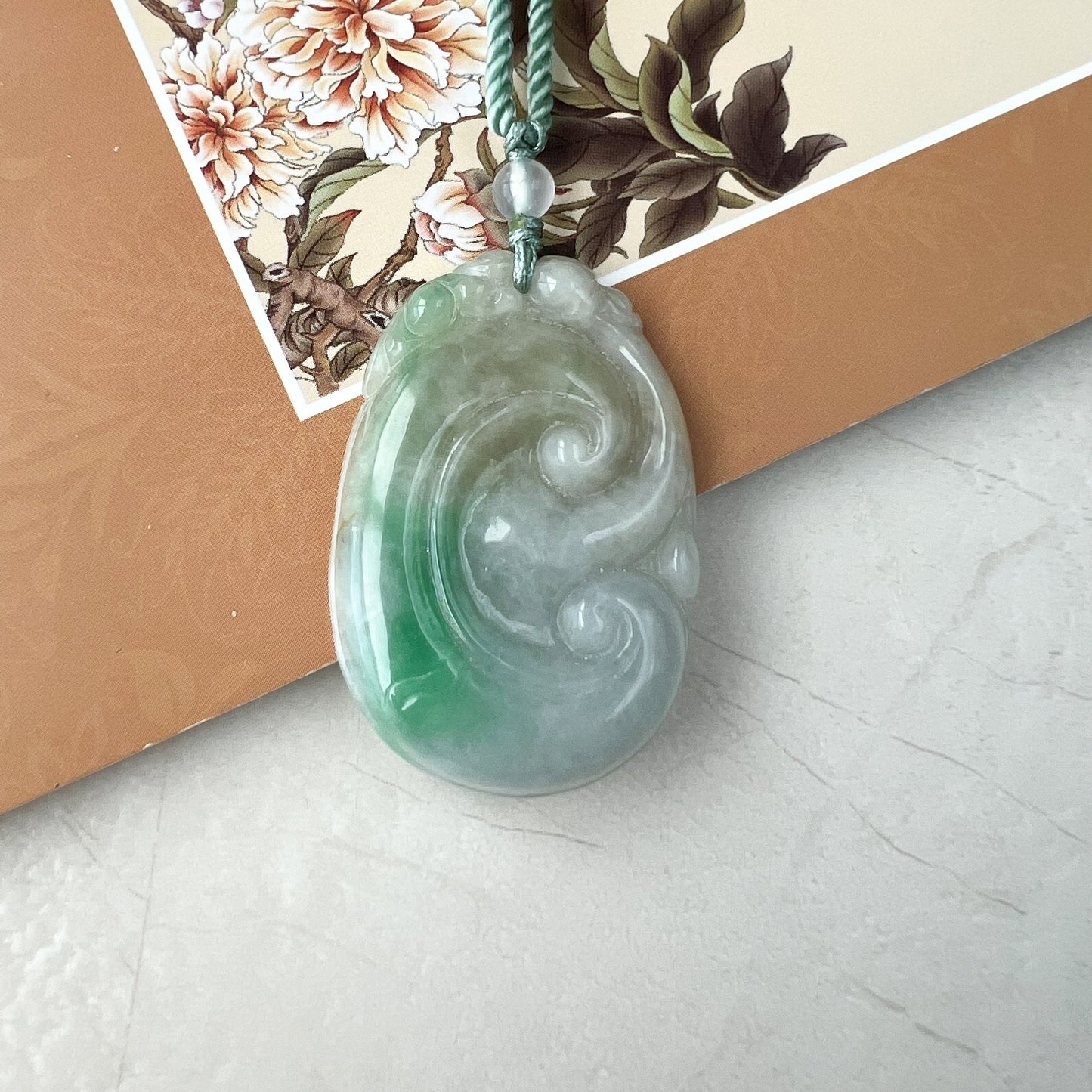 Green Ruyi, Ru Yi, 如意, Jadeite Jade, Ancient Scepter, Luck Charm, Pendant Hand Carved Necklace, QY-0921-DFZB37416 - AriaDesignCollection