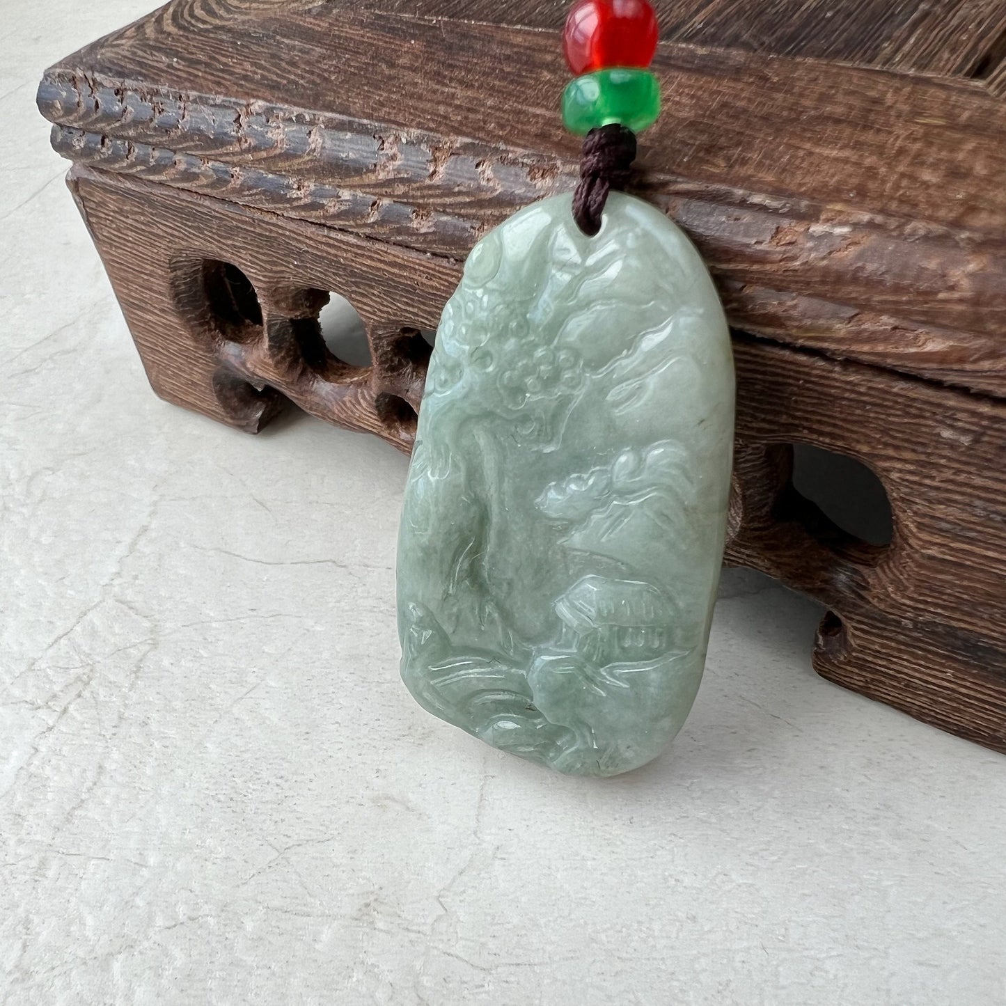 Jadeite Jade Landscape Mountain Forest River Scenery Hand Carved Pendant Necklace, YJ-0921-0166023 - AriaDesignCollection
