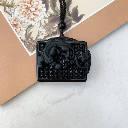 Obsidian Dragon Pixiu Chinese Zodiac, Abacus, Wealth Carved Necklace, YW-0110-1646113272 - AriaDesignCollection