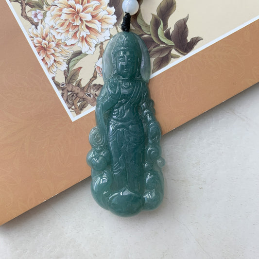 Jadeite Jade Standing Guan Yin Avalokiteshvara Carved Pendant Necklace, Quan Am, ZYF-0921-1646062788 - AriaDesignCollection