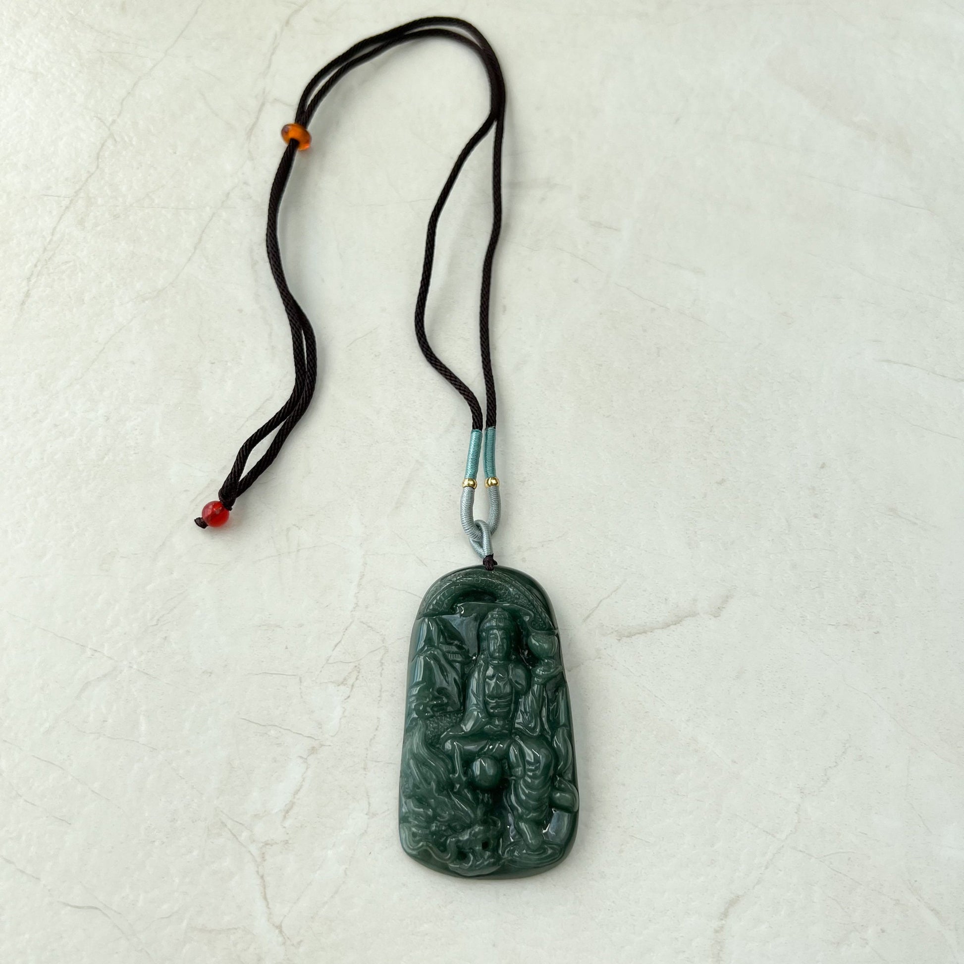 Jadeite Jade Guan Yin Kwan Yin Protected by Dragon Avalokitesvara Semi-Translucent Carved Pendant Necklace, YJ-0921-0134894 - AriaDesignCollection