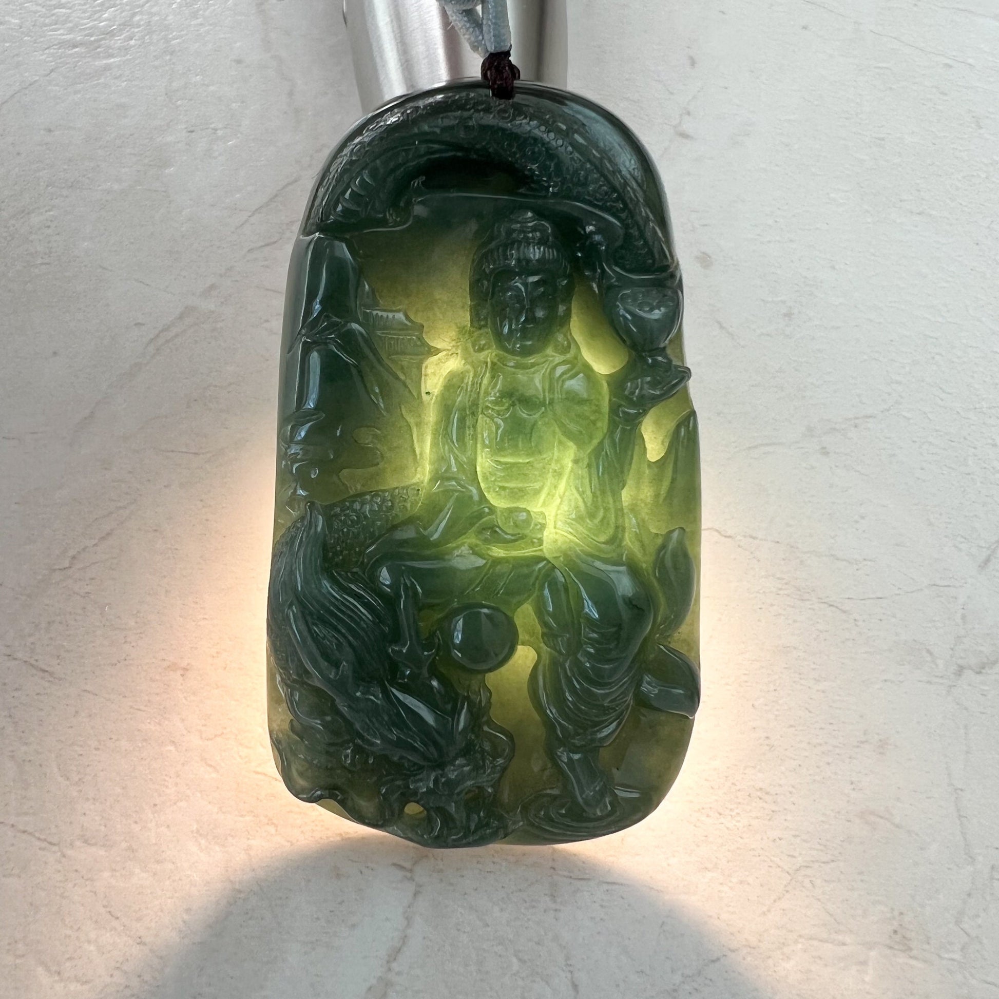 Jadeite Jade Guan Yin Kwan Yin Protected by Dragon Avalokitesvara Semi-Translucent Carved Pendant Necklace, YJ-0921-0134894 - AriaDesignCollection