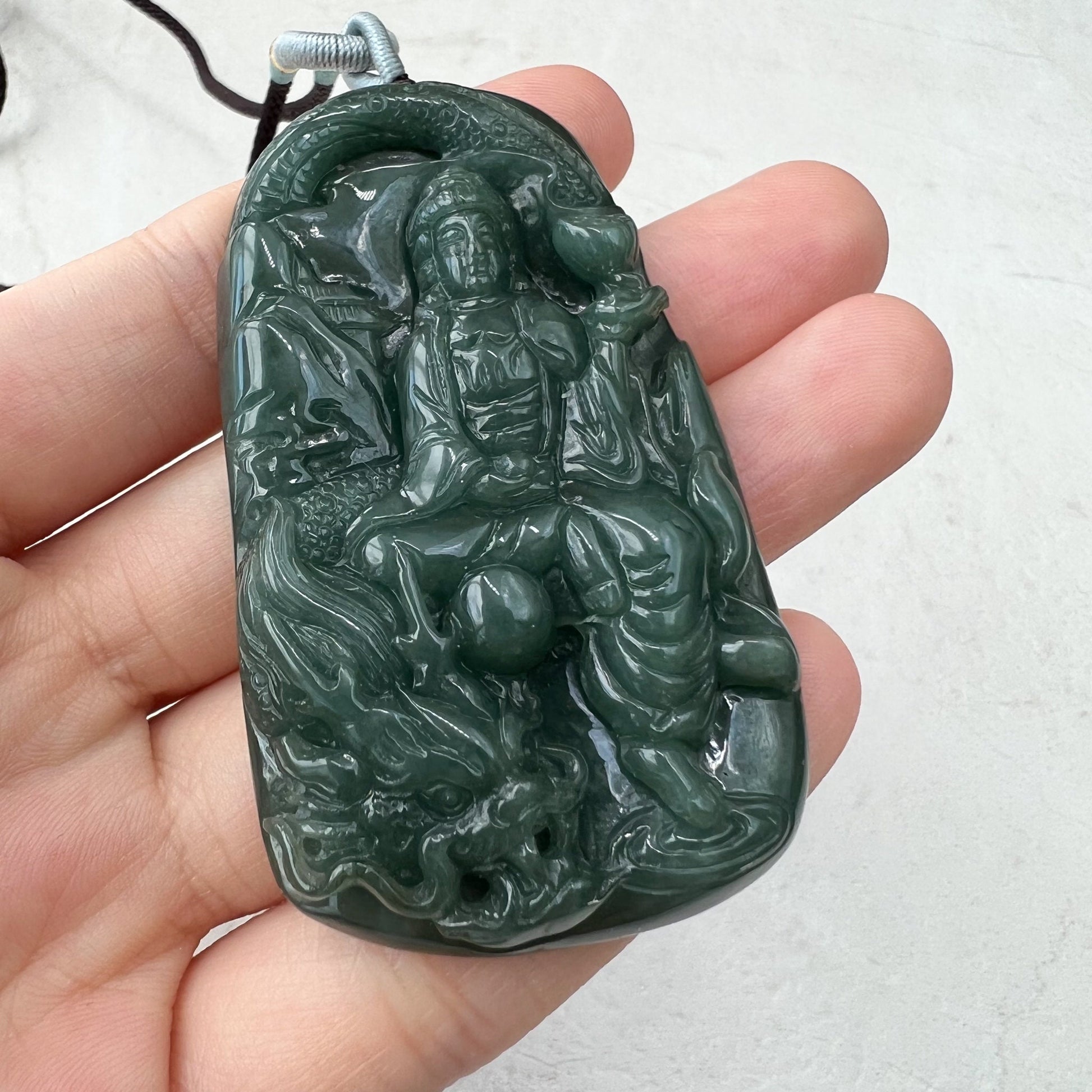 Jadeite Jade Guan Yin Kwan Yin Protected by Dragon Avalokitesvara Semi-Translucent Carved Pendant Necklace, YJ-0921-0134894 - AriaDesignCollection