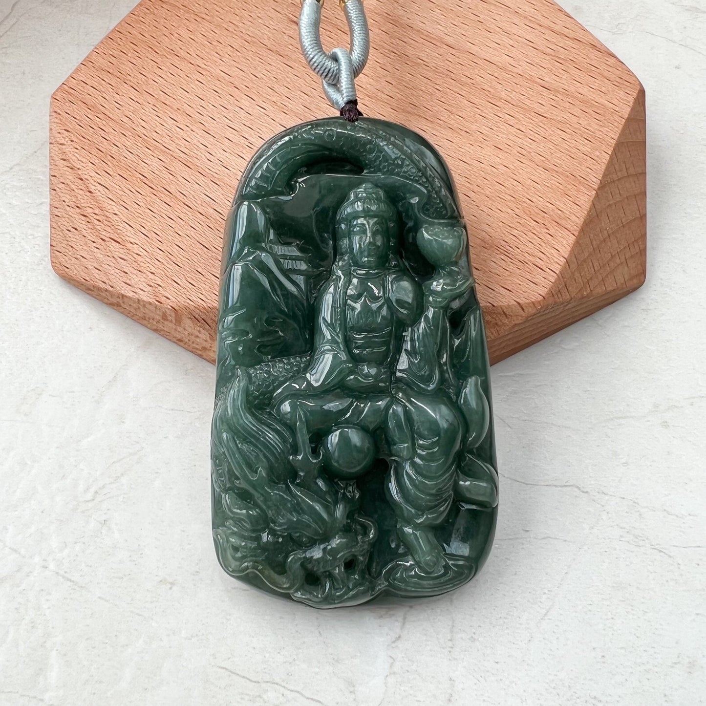 Jadeite Jade Guan Yin Kwan Yin Protected by Dragon Avalokitesvara Semi-Translucent Carved Pendant Necklace, YJ-0921-0134894 - AriaDesignCollection