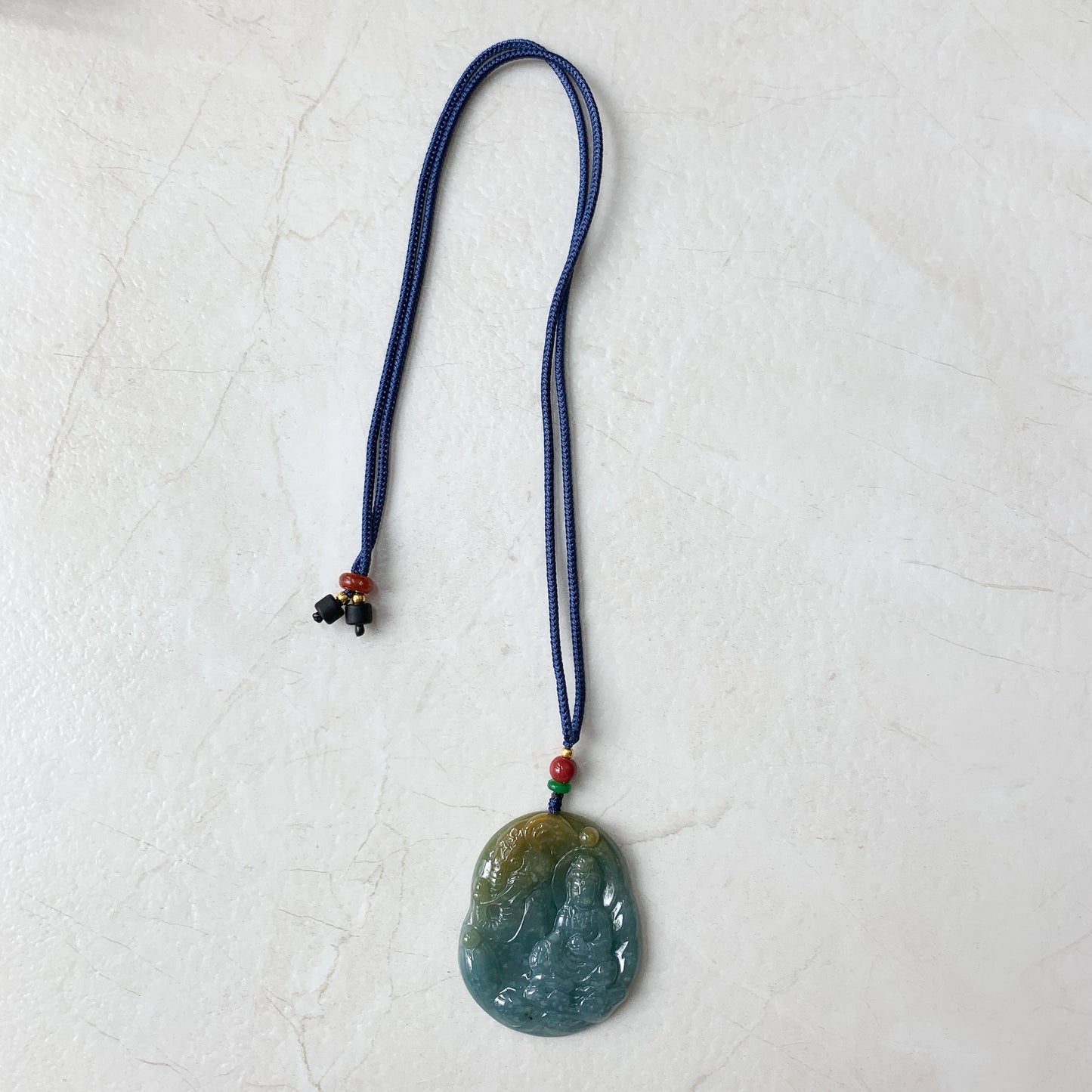 Jadeite Jade Guan Yin Avalokiteshvara & the Noble Elephant, Blue, Green, Yellow, Hand Carved, Pendant Necklace, ZYF-0921-1646060832 - AriaDesignCollection