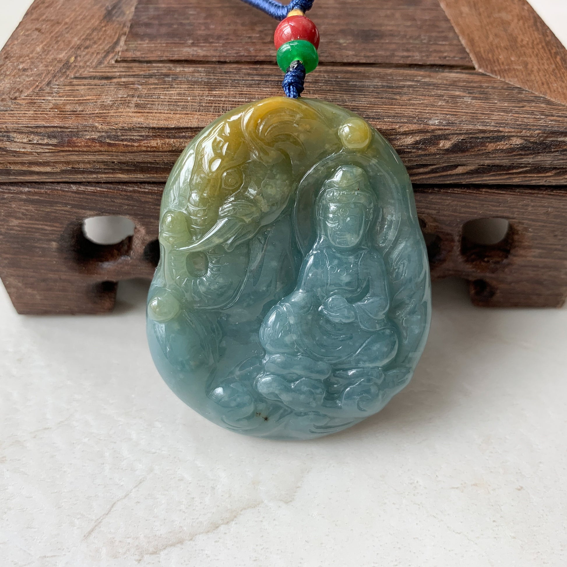 Jadeite Jade Guan Yin Avalokiteshvara & the Noble Elephant, Blue, Green, Yellow, Hand Carved, Pendant Necklace, ZYF-0921-1646060832 - AriaDesignCollection