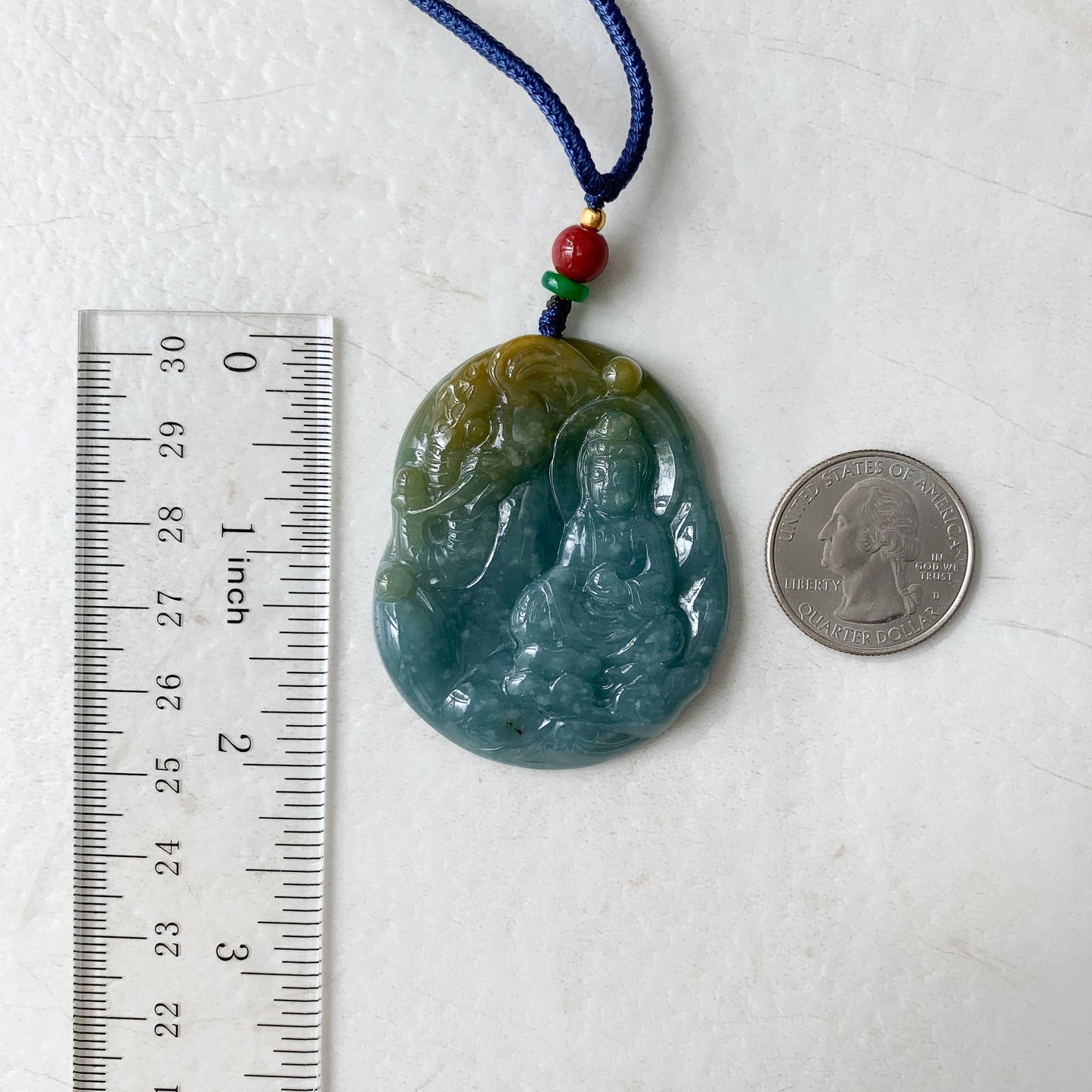 Jadeite Jade Guan Yin Avalokiteshvara & the Noble Elephant, Blue, Green, Yellow, Hand Carved, Pendant Necklace, ZYF-0921-1646060832 - AriaDesignCollection