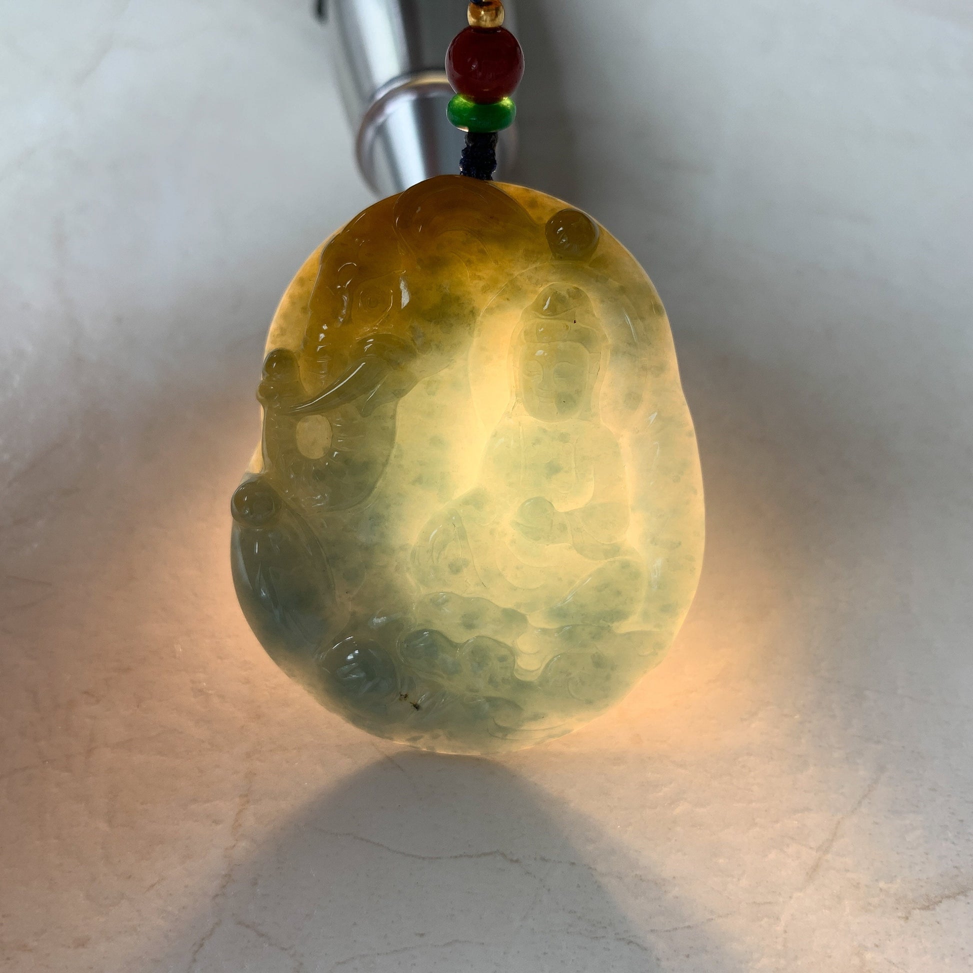 Jadeite Jade Guan Yin Avalokiteshvara & the Noble Elephant, Blue, Green, Yellow, Hand Carved, Pendant Necklace, ZYF-0921-1646060832 - AriaDesignCollection