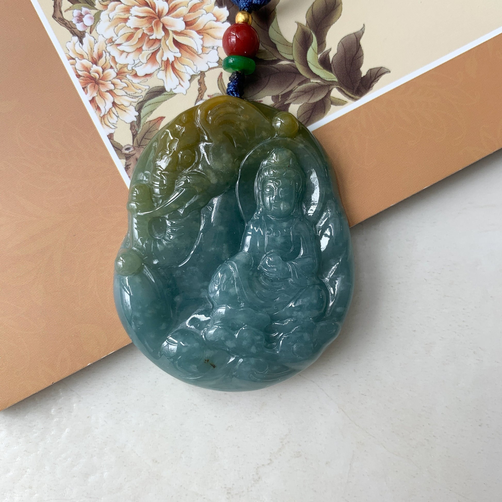 Jadeite Jade Guan Yin Avalokiteshvara & the Noble Elephant, Blue, Green, Yellow, Hand Carved, Pendant Necklace, ZYF-0921-1646060832 - AriaDesignCollection