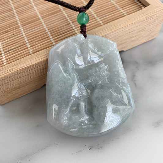Jadeite Jade Landscape Mountain Forest River Scenery Hand Carved Pendant Necklace, YJ-0321-0342930-1 - AriaDesignCollection