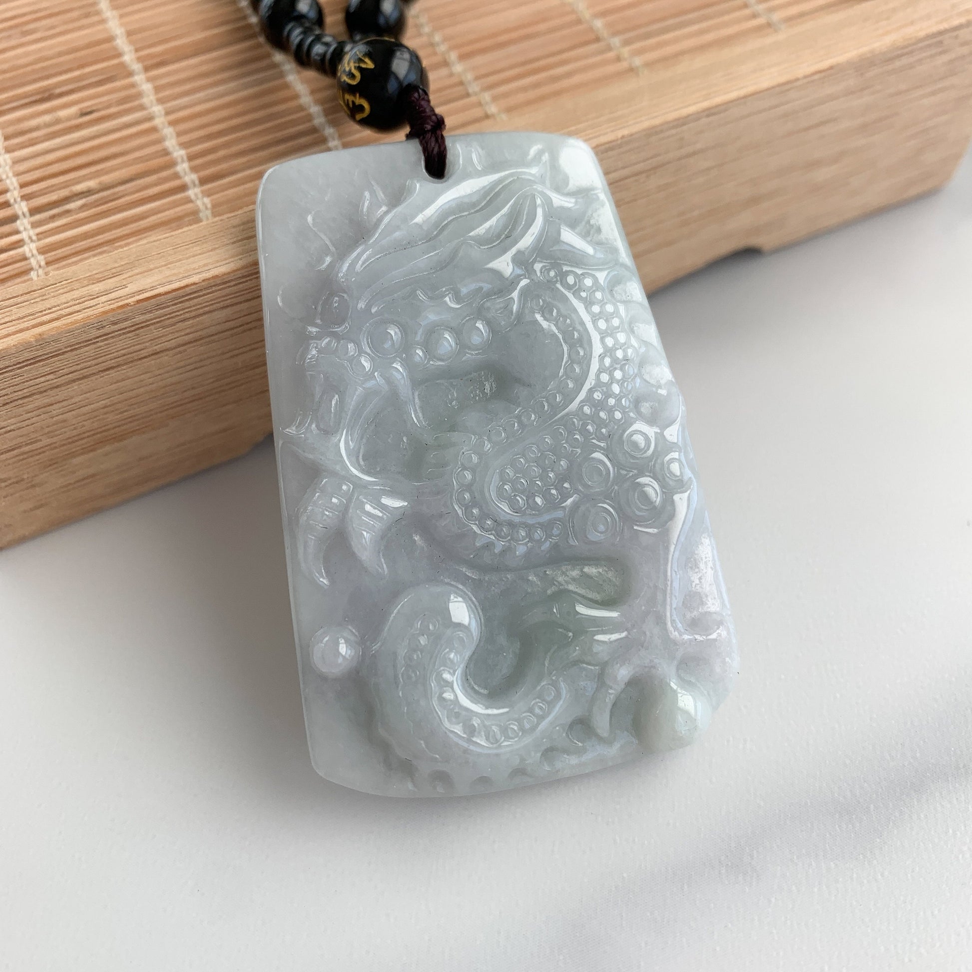 Jadeite Jade Dragon Chinese Zodiac Hand Carved Pendant Black Necklace, YJ-0321-0454749 - AriaDesignCollection