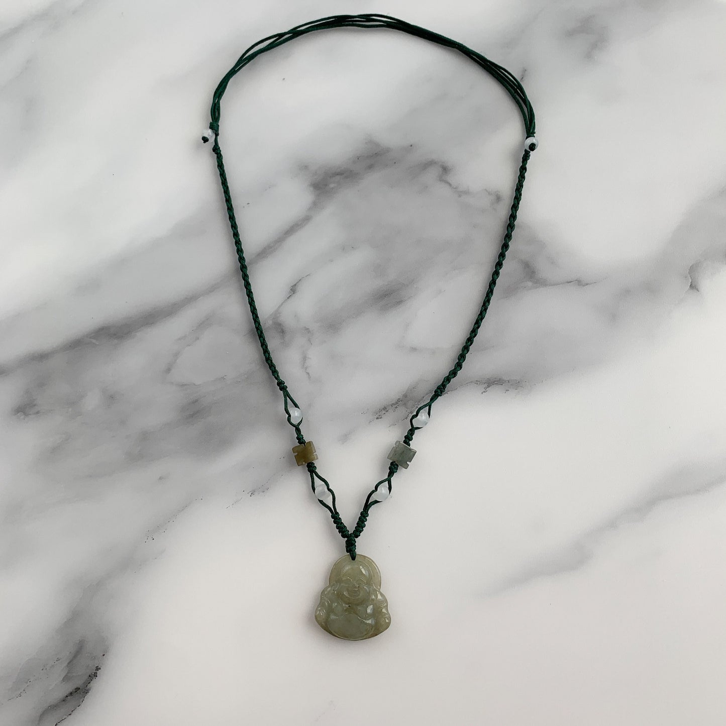 Olive Green Jadeite Jade Happy Buddha Carved Pendant, YW-0321-1645940669 - AriaDesignCollection