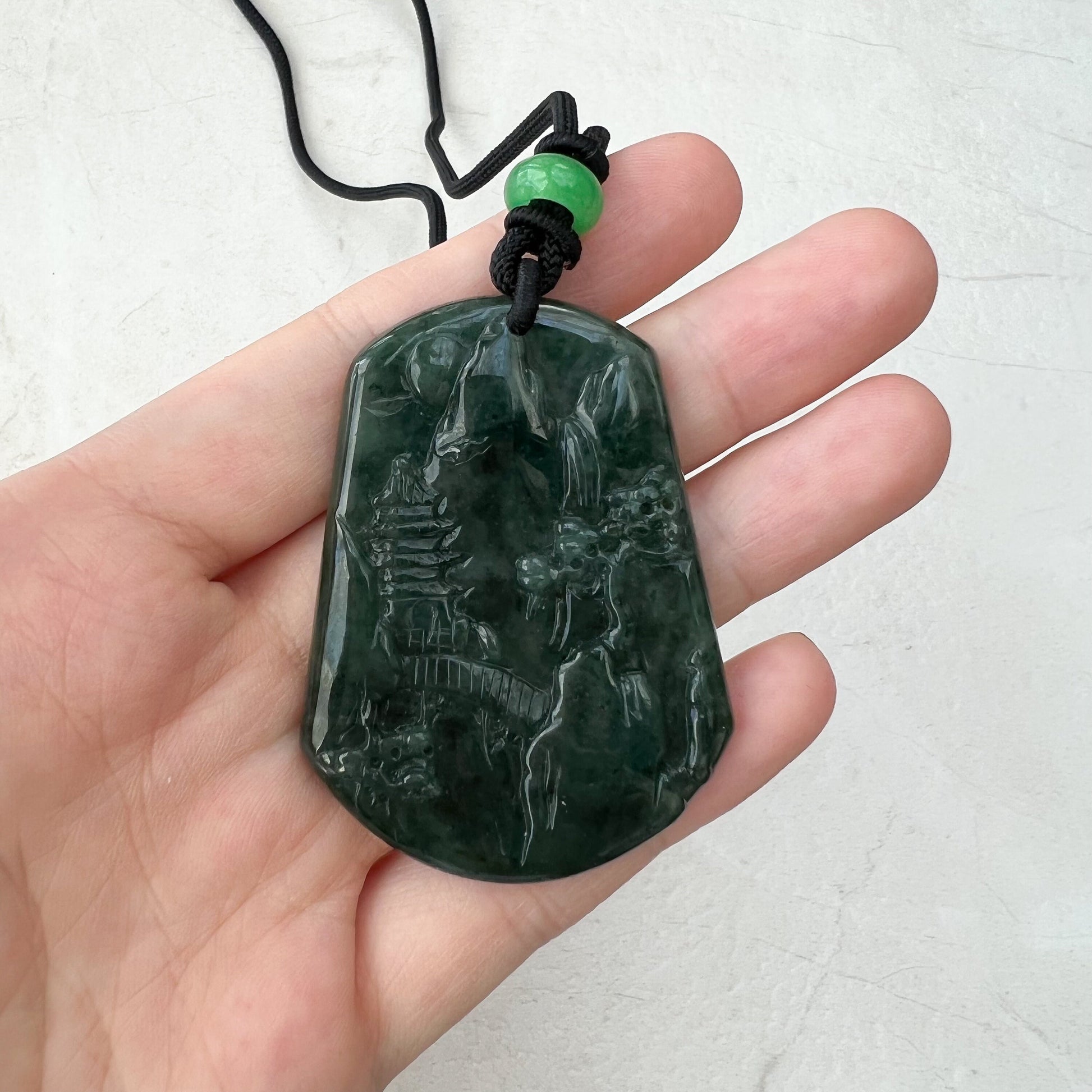 Jadeite Jade Landscape Mountain Forest River Scenery Hand Carved Pendant Necklace, YJ-0921-0173420 - AriaDesignCollection