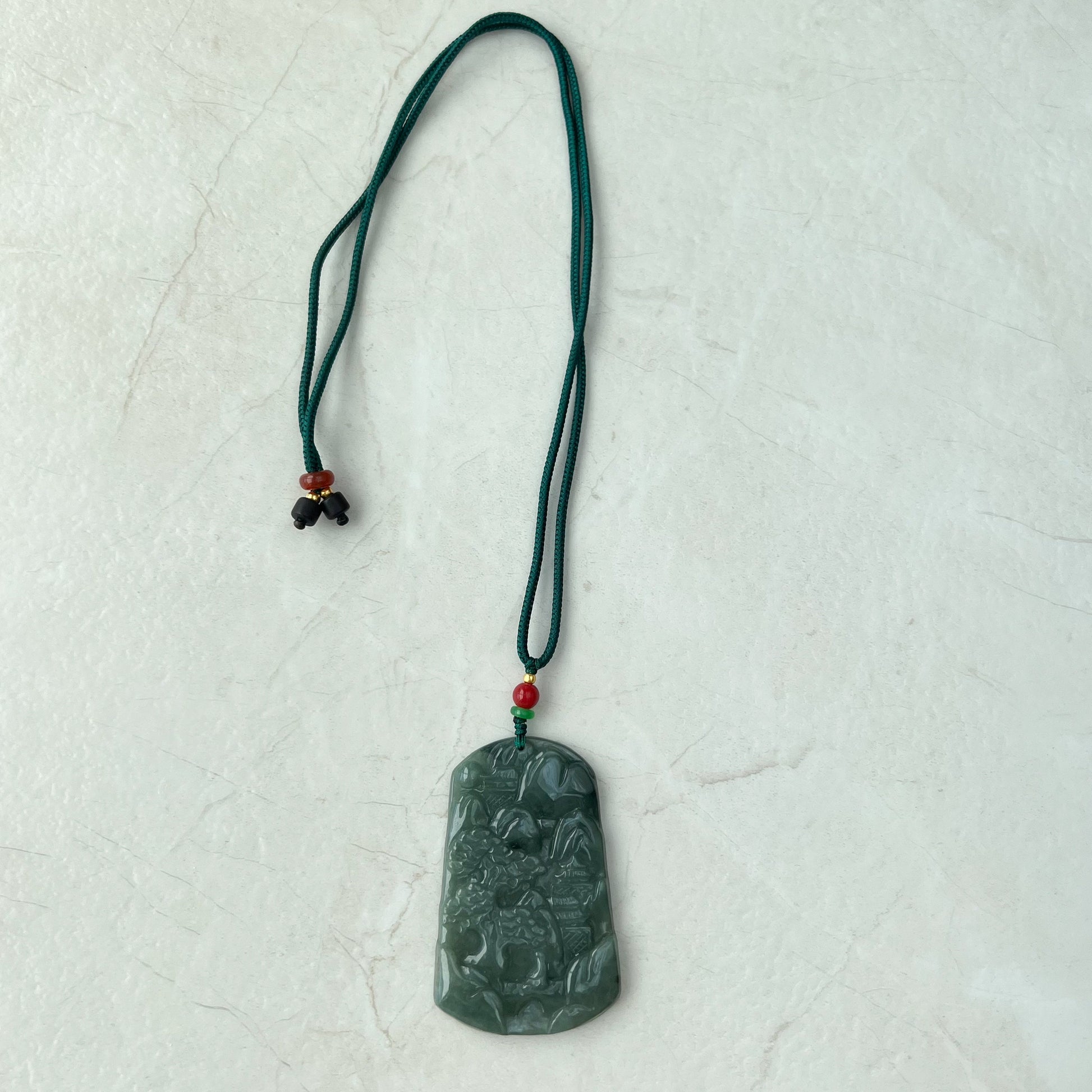 Jadeite Jade Landscape Mountain Forest River Scenery Hand Carved Pendant Necklace, YJ-0921-0127432 - AriaDesignCollection