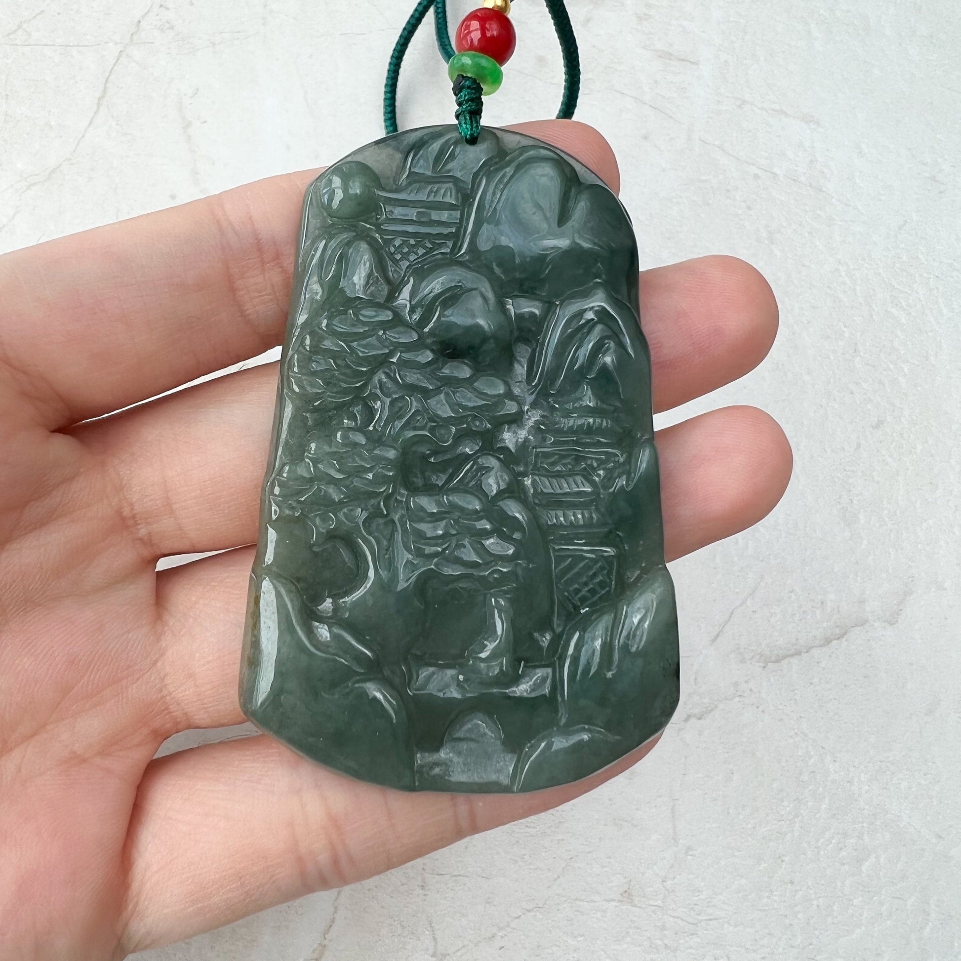 Jadeite Jade Landscape Mountain Forest River Scenery Hand Carved Pendant Necklace, YJ-0921-0127432 - AriaDesignCollection