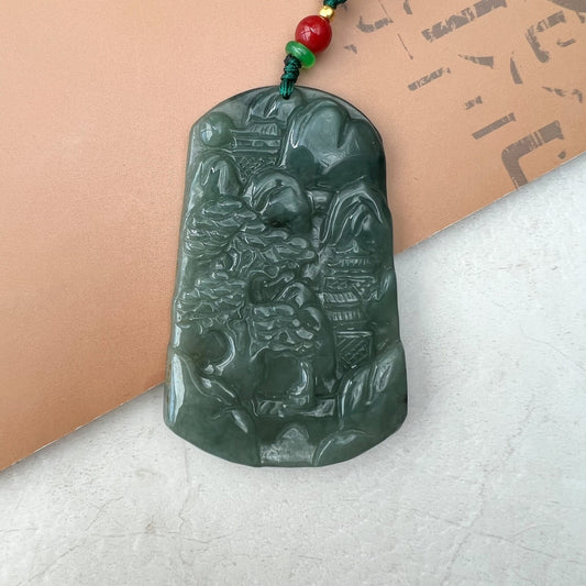 Jadeite Jade Landscape Mountain Forest River Scenery Hand Carved Pendant Necklace, YJ-0921-0127432 - AriaDesignCollection
