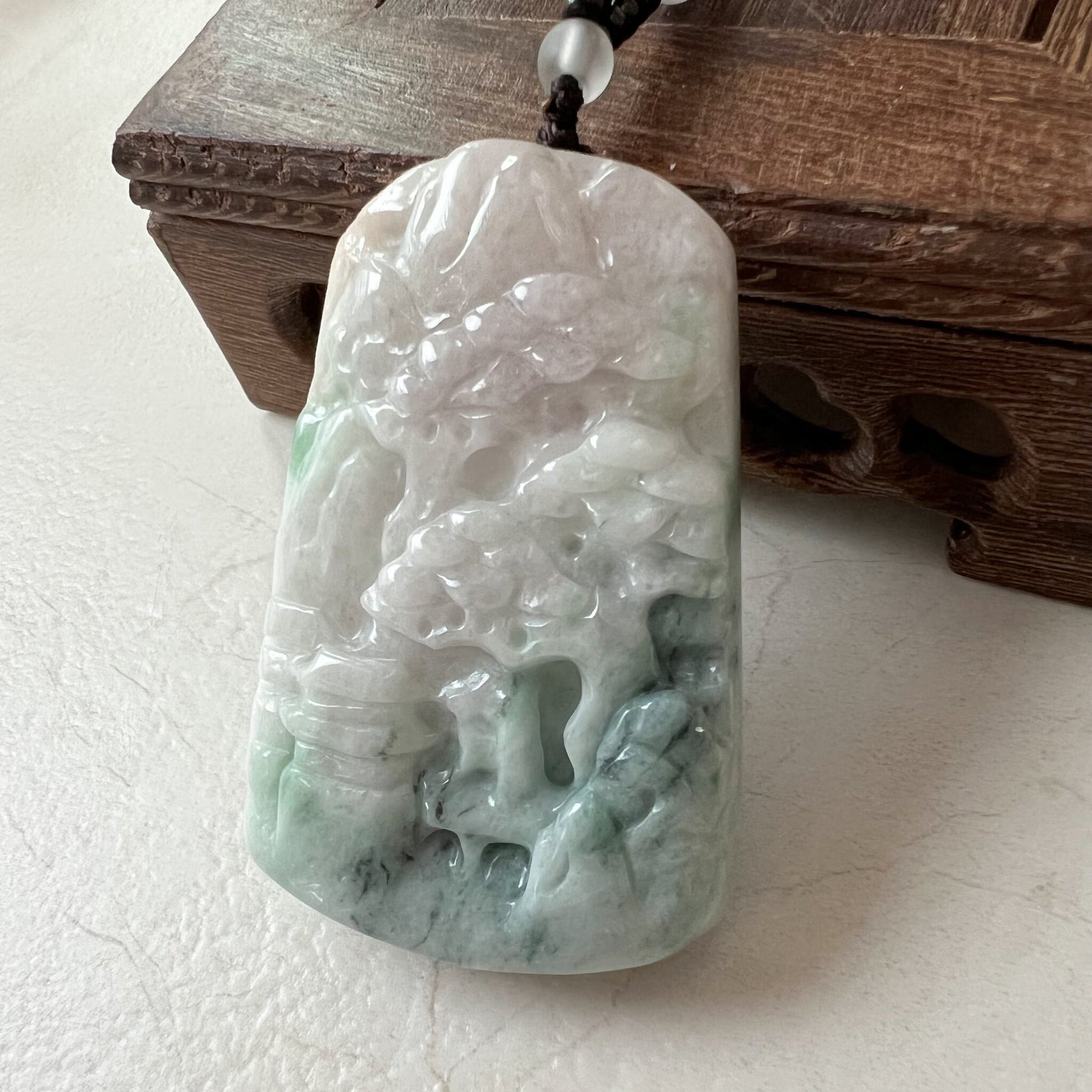 Large Tree Jade Pendant, Mountain Forest River Scenery, Hand Carved Pendant Necklace, YJ-0921-0127435 - AriaDesignCollection