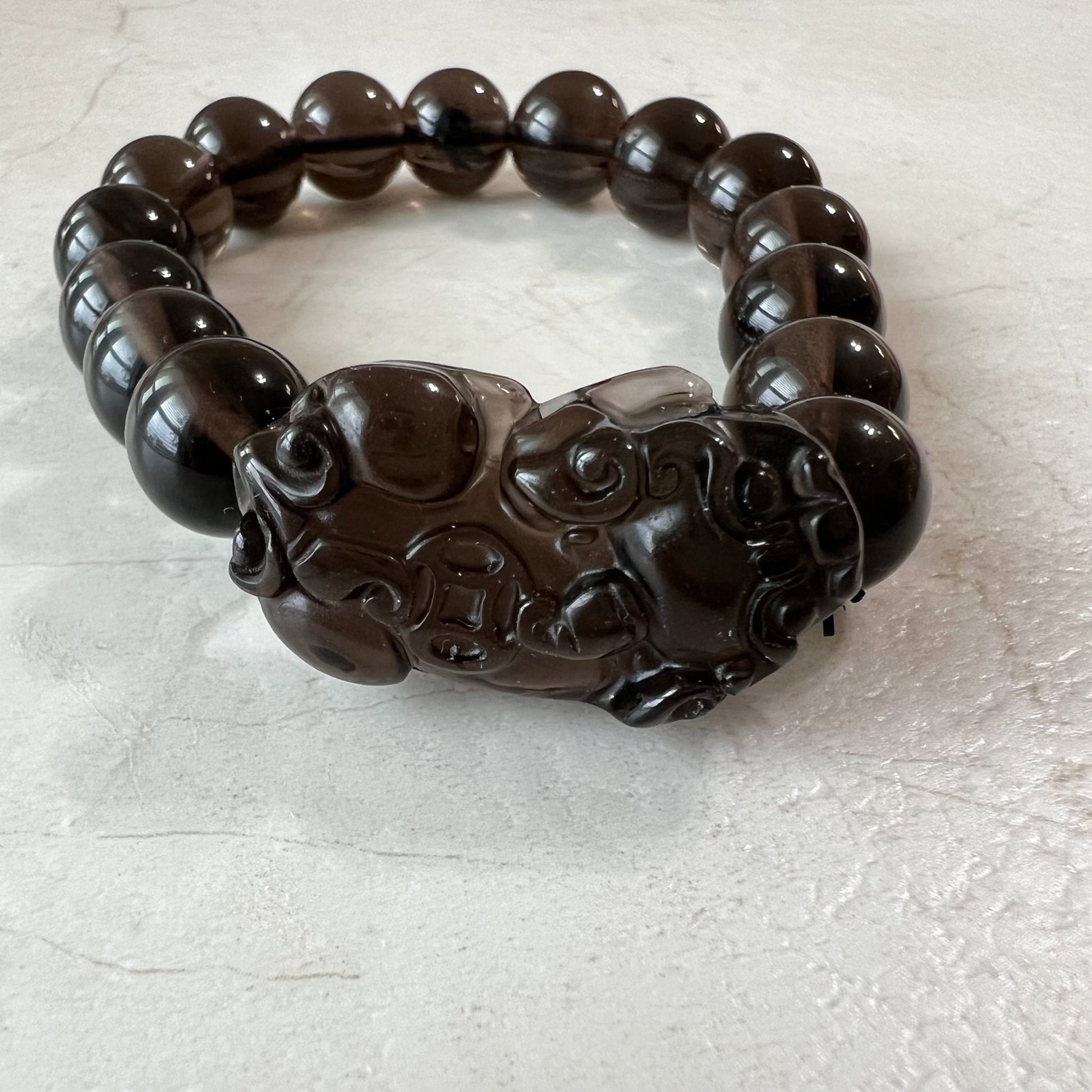 Obsidian Dragon Pixiu Chinese Zodiac Carved Necklace, Icy Translucent, RLXE-0921-0061603 - AriaDesignCollection