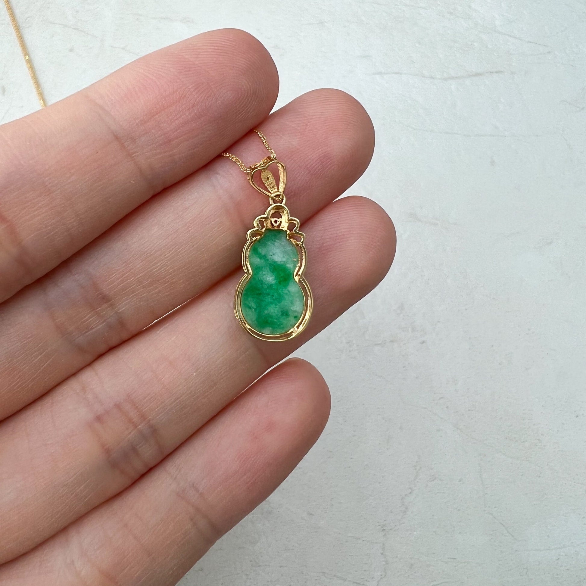 Jade Bottle Gourd, Jadeite Jade, 18K Gold Set, Calabash, Small and Dainty, Hand Carved Pendant Necklace, FSX-0921-1647126338 - AriaDesignCollection