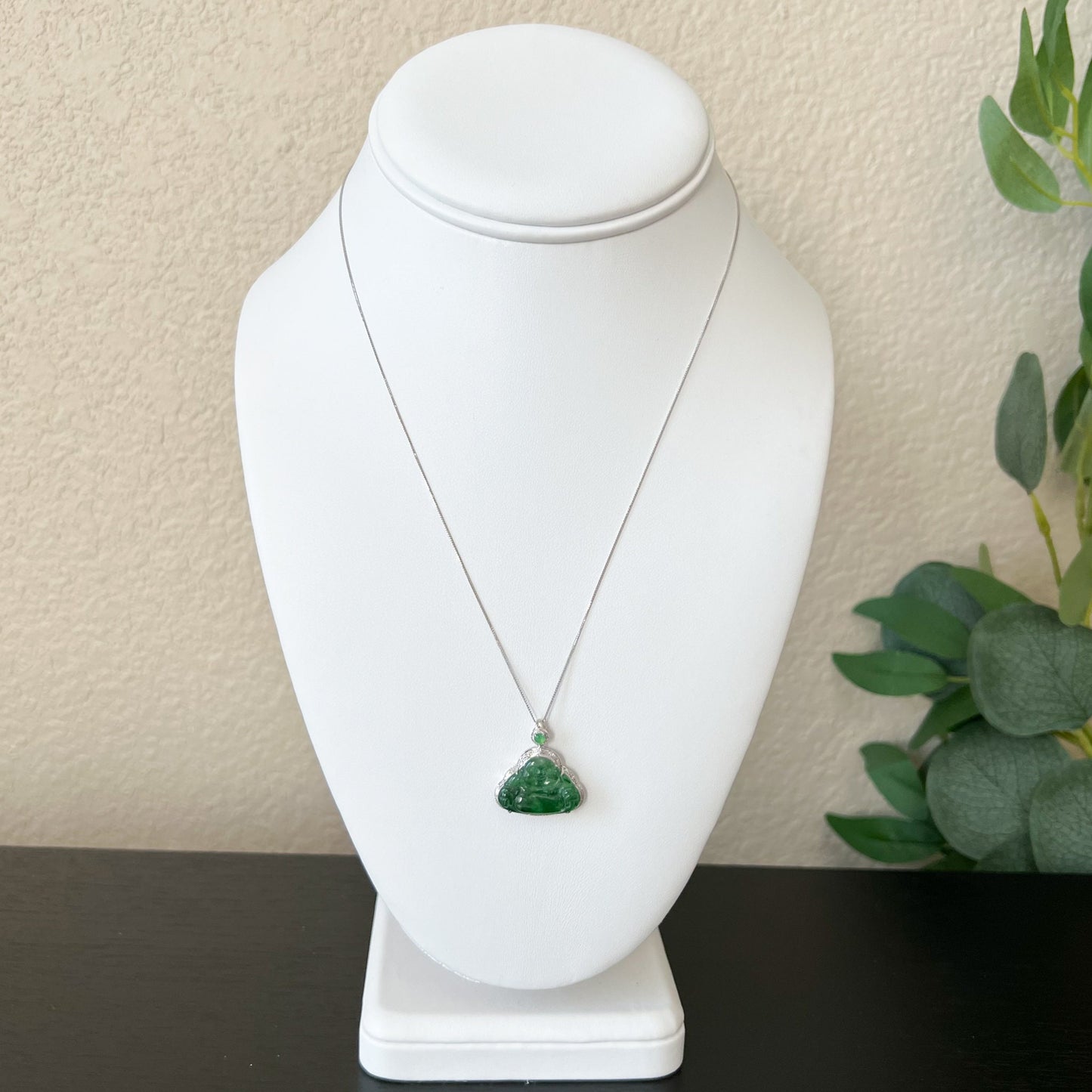 Small Green Happy Buddha, Jadeite Jade, 18K White Gold Set & Chain, Hand Carved Pendant Necklace, QY-0921-DFZB45529 - AriaDesignCollection
