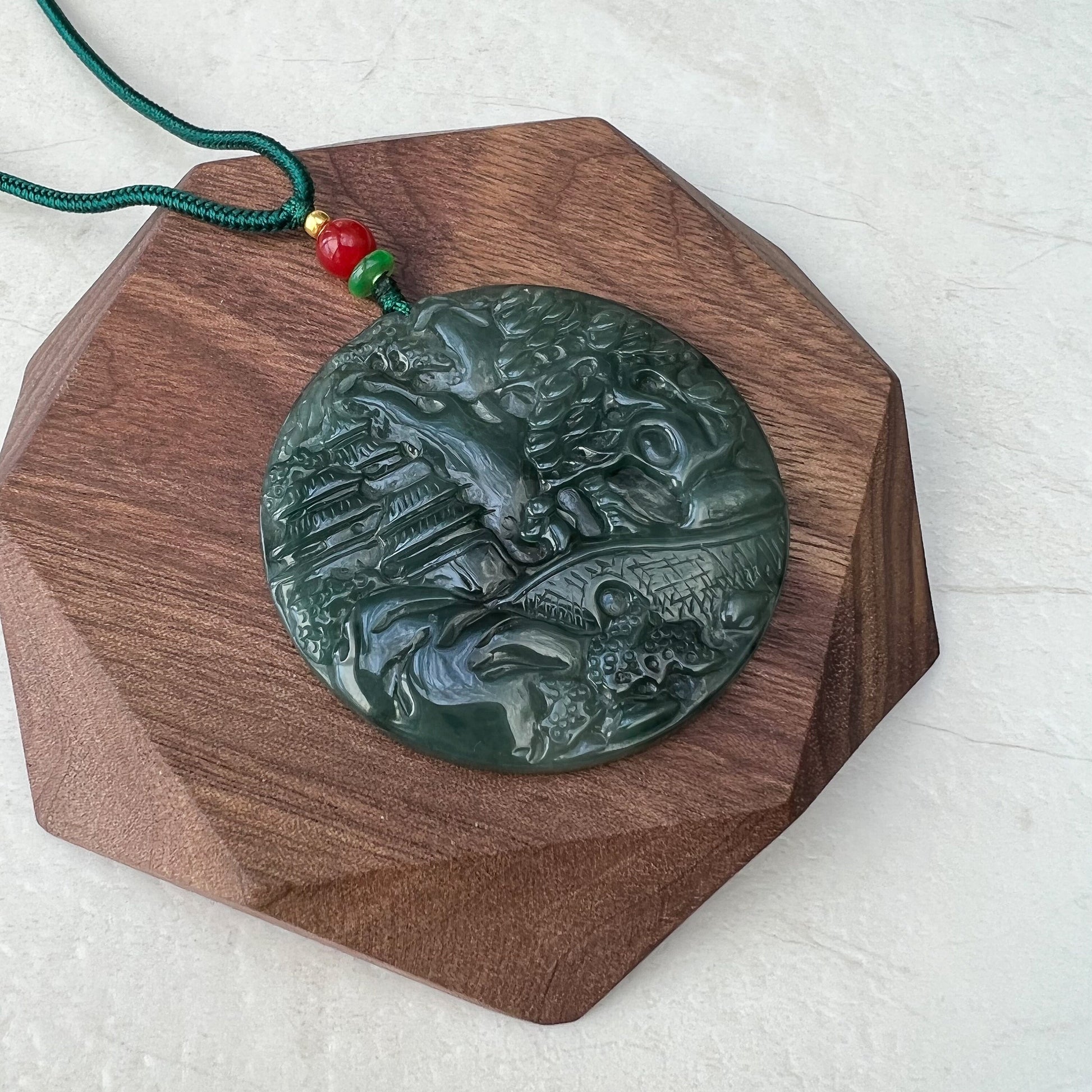 Jadeite Jade Landscape Tree Mountain Forest River Scenery Hand Carved Pendant Necklace, YJ-0921-0111438 - AriaDesignCollection