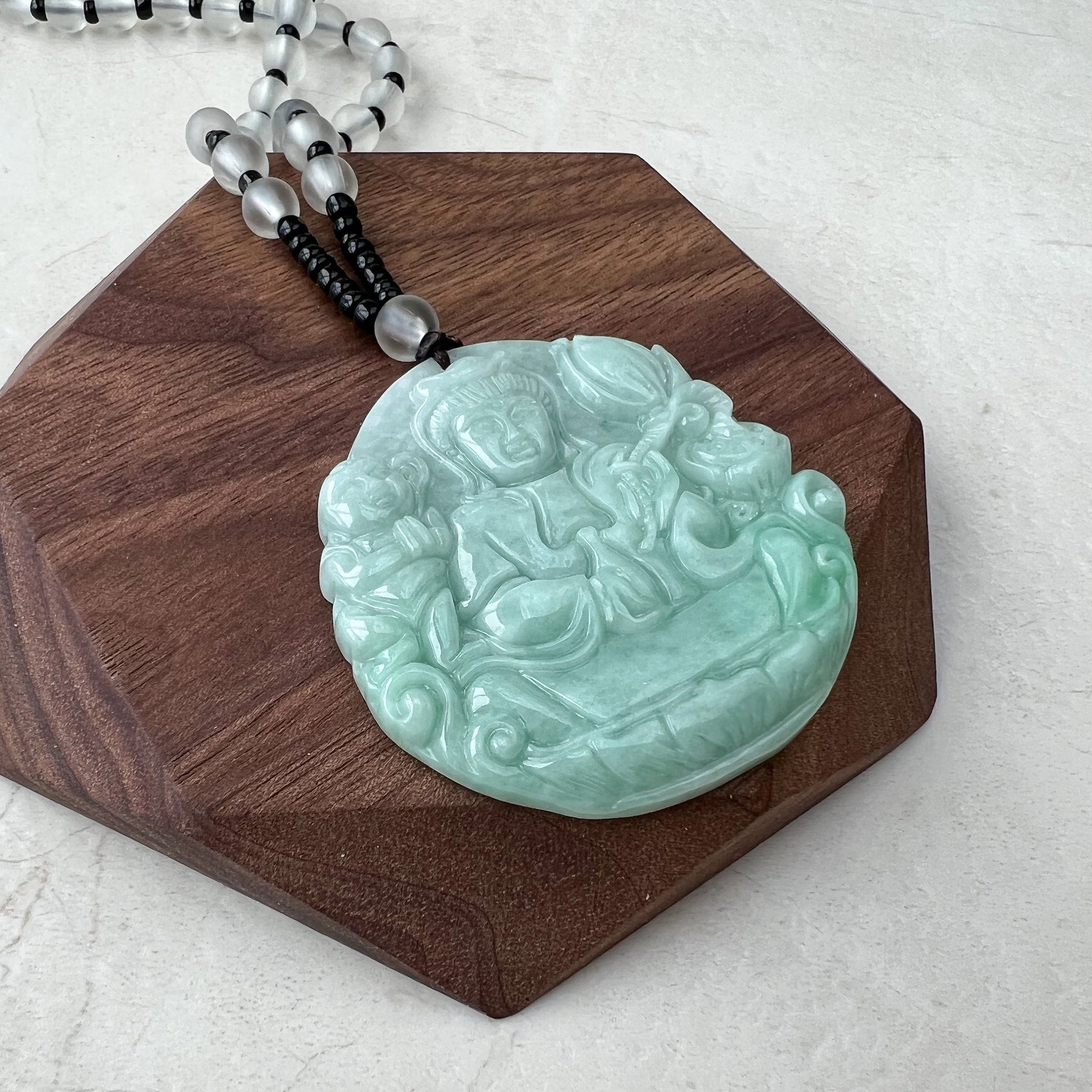 Jadeite Jade Guan Yin Fertility Goddess, Bringer of Children, Avalokiteshvara Pendant Necklace, Green, Kuan Yin, Song zi, YJ-0921-0172411 - AriaDesignCollection