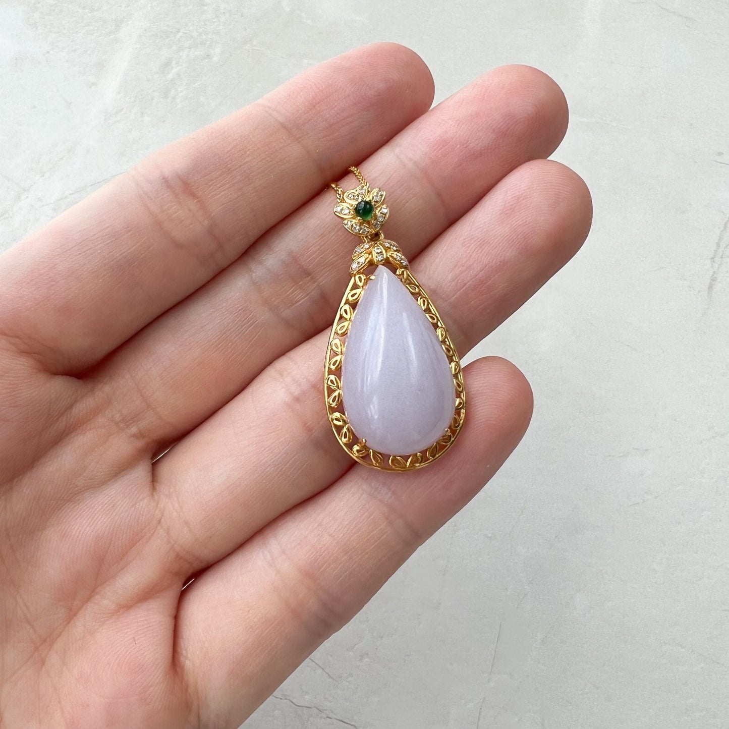 Purple Jade Teardrop Pendant, Jadeite Jade, 18K Gold, Lavender, Pendant Necklace, FSX-0921-DY21511 - AriaDesignCollection