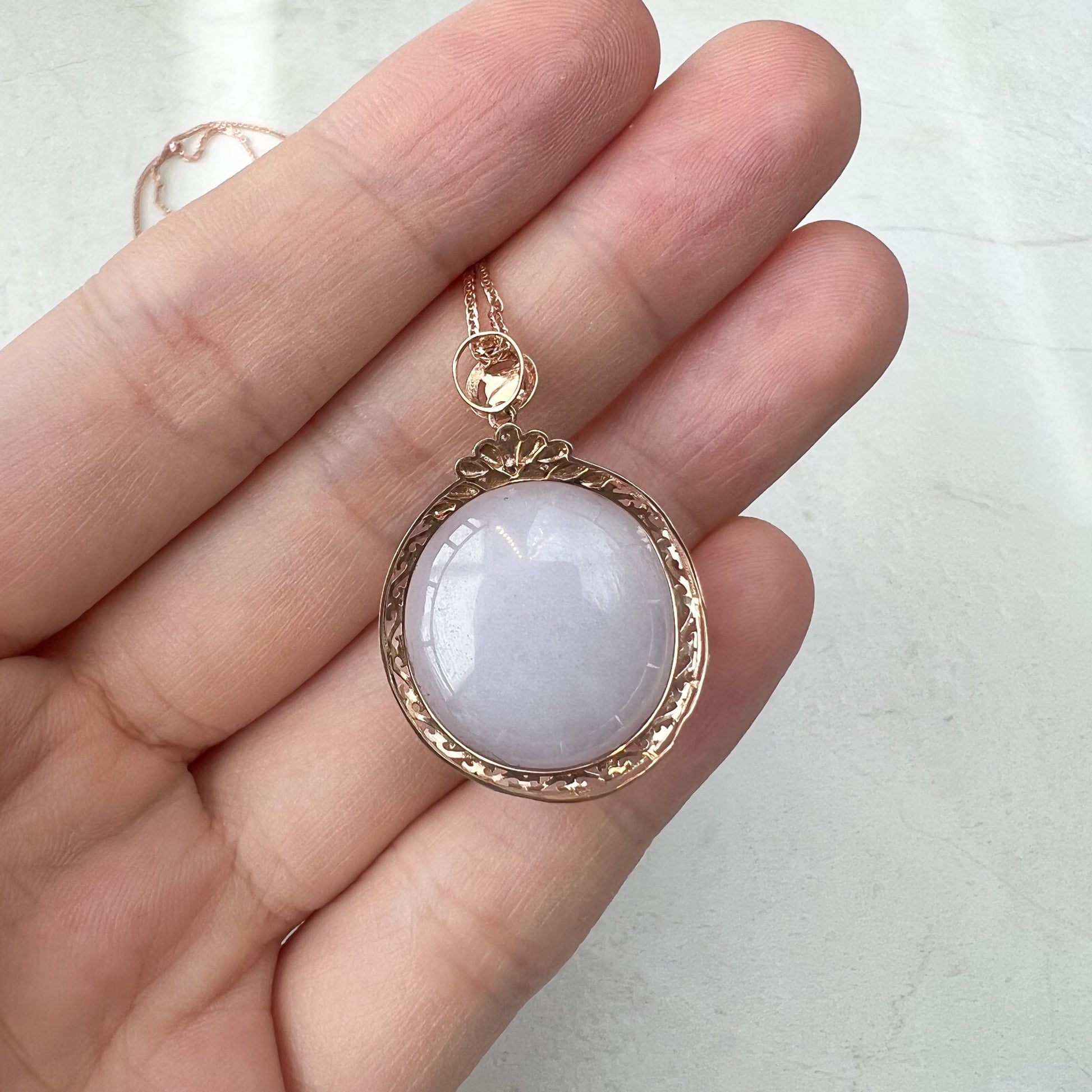 Purple Jade Round Cabochon Pendant, Jadeite Jade, 18K Rose Gold, Lavender, Pendant Necklace, QY-0921-DFZBTG0010622 - AriaDesignCollection