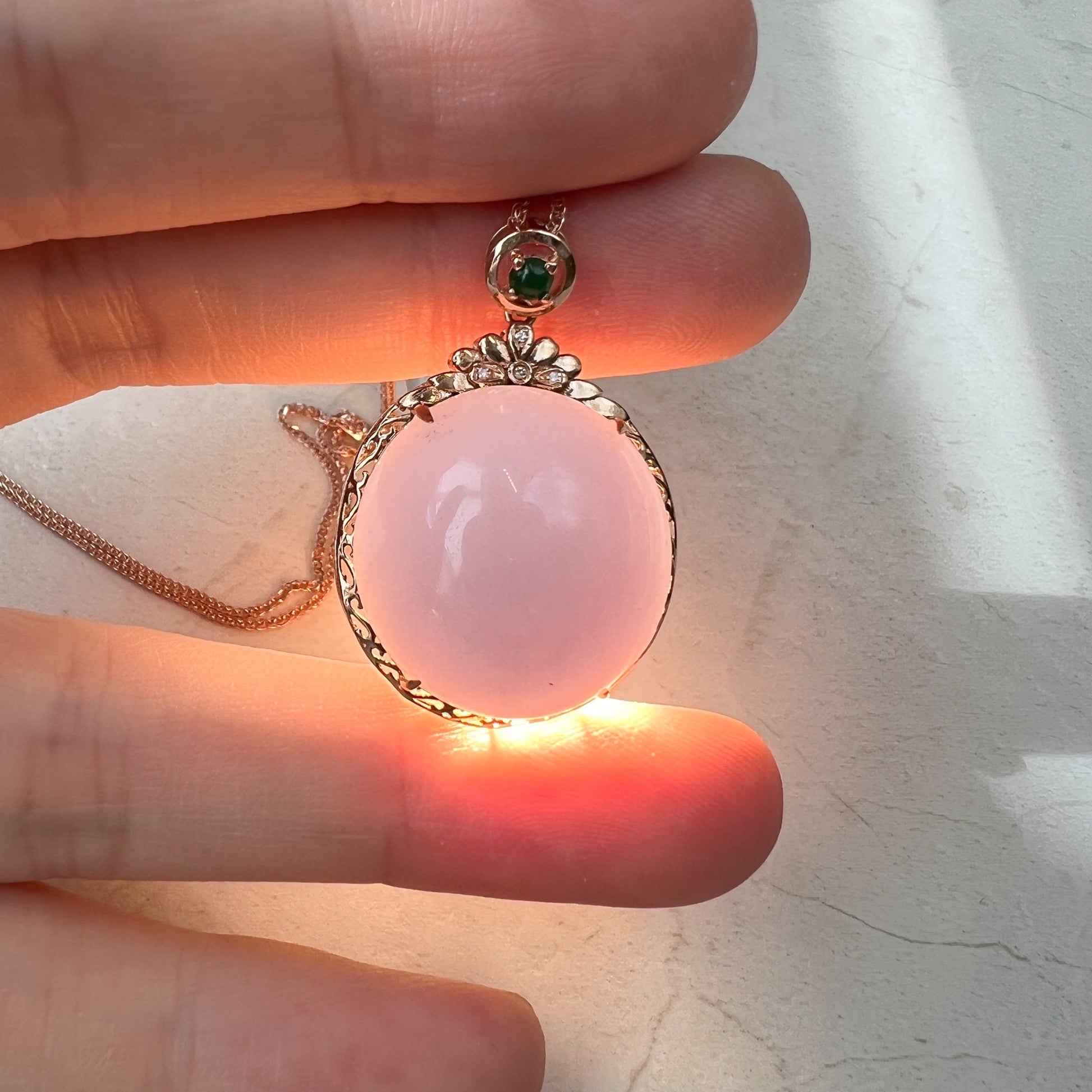 Purple Jade Round Cabochon Pendant, Jadeite Jade, 18K Rose Gold, Lavender, Pendant Necklace, QY-0921-DFZBTG0010622 - AriaDesignCollection