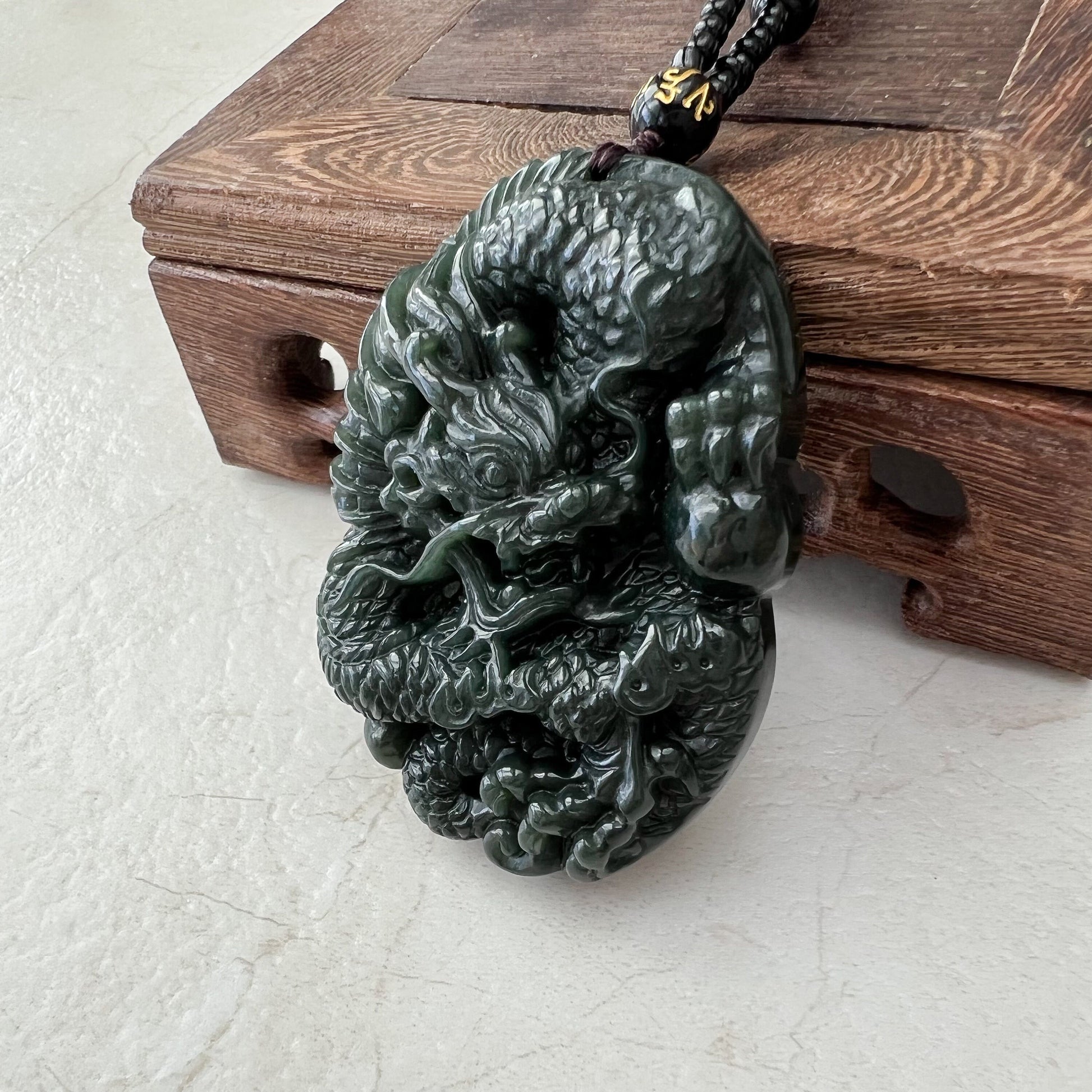 Dark Green, Black, Nephrite Jade Dragon Hand Carved Necklace, DP-0921-1645916806 - AriaDesignCollection