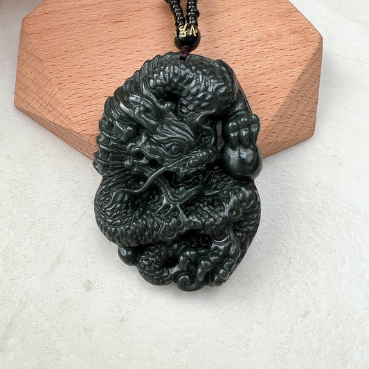 Dark Green, Black, Nephrite Jade Dragon Hand Carved Necklace, DP-0921-1645916806 - AriaDesignCollection