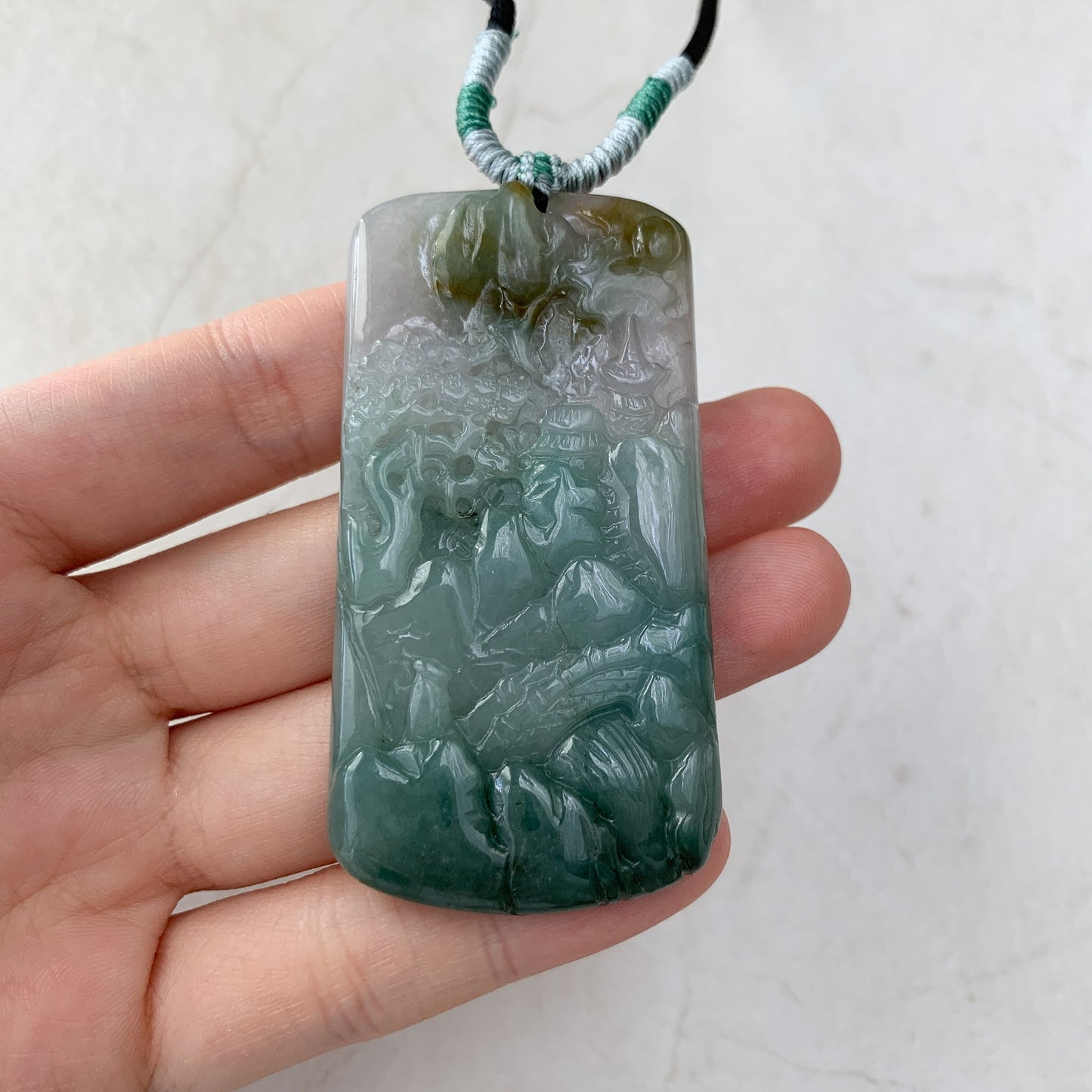 Jadeite Jade Landscape Tree Mountain Forest River Scenery Hand Carved Pendant Necklace, YJ-0921-0132577 - AriaDesignCollection