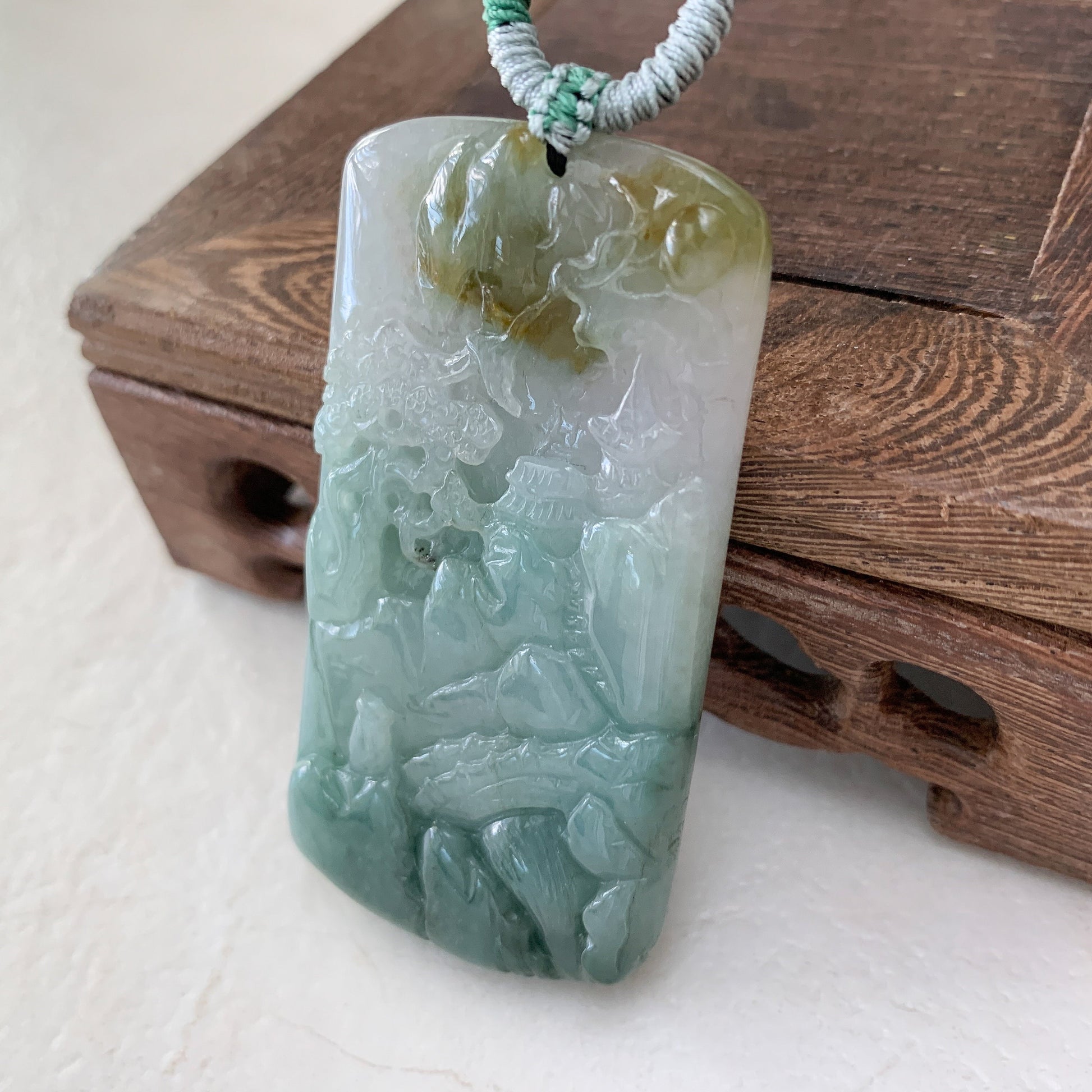 Jadeite Jade Landscape Tree Mountain Forest River Scenery Hand Carved Pendant Necklace, YJ-0921-0132577 - AriaDesignCollection