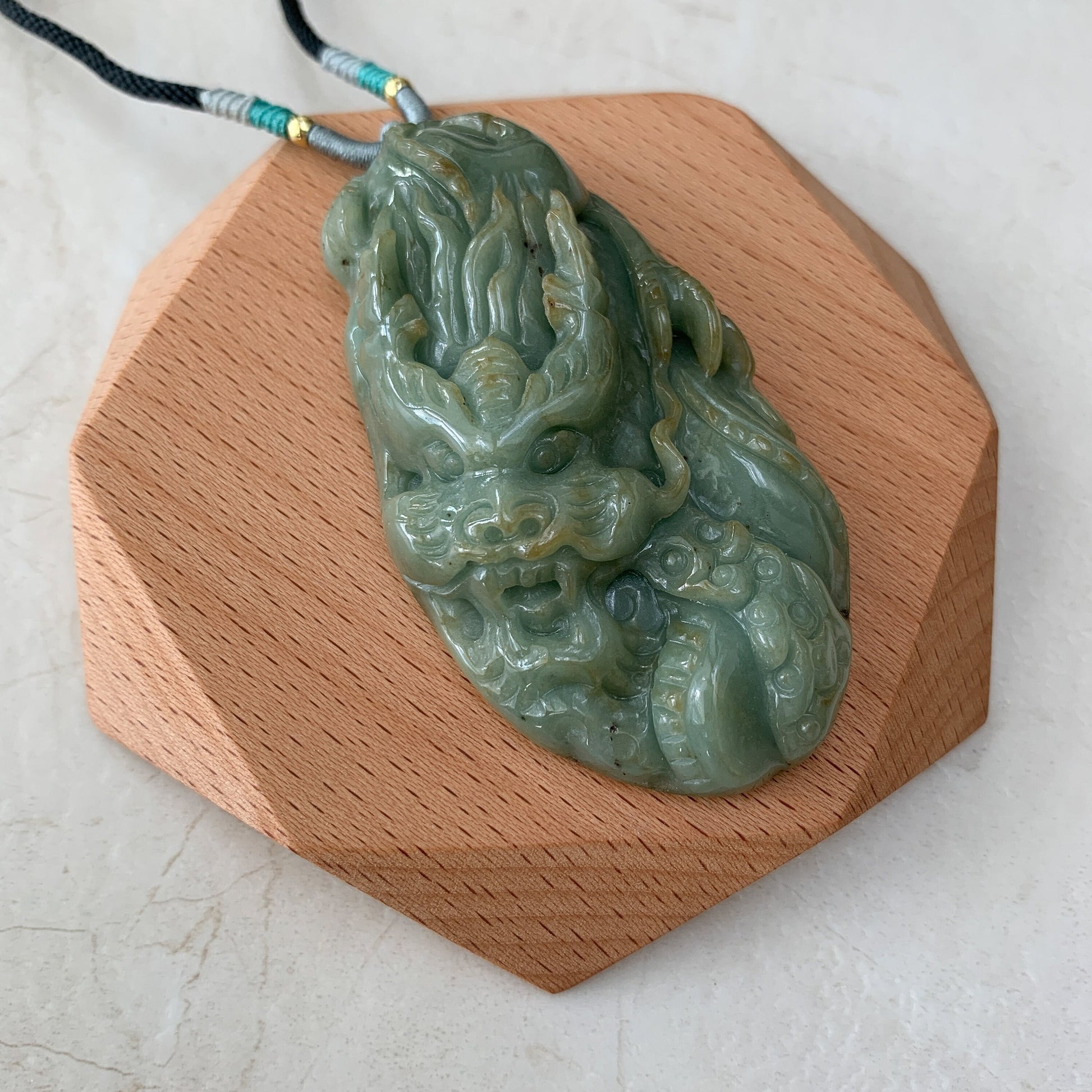 Large Jadeite Jade Dragon Chinese Zodiac Hand Carved Pendant Necklace, YJ-0921-0170704 - AriaDesignCollection