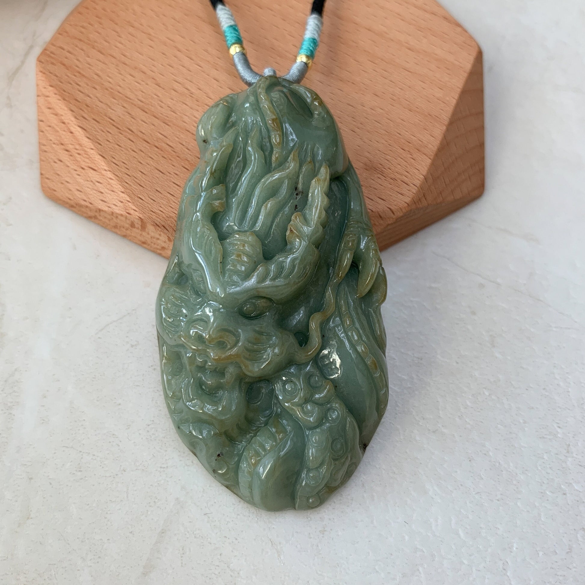 Large Jadeite Jade Dragon Chinese Zodiac Hand Carved Pendant Necklace, YJ-0921-0170704 - AriaDesignCollection