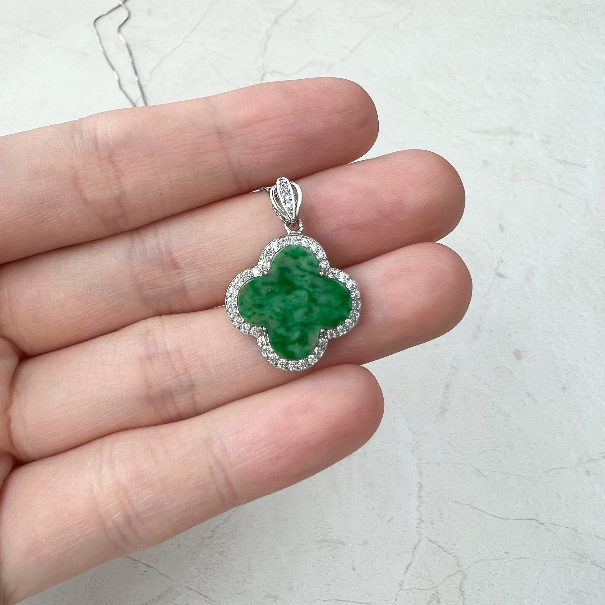 Four Leaf Clover, Jadeite Jade, Sterling Silver, Minimalist Pendant Hand Carved Necklace, TH-0921-TH0075336 - AriaDesignCollection