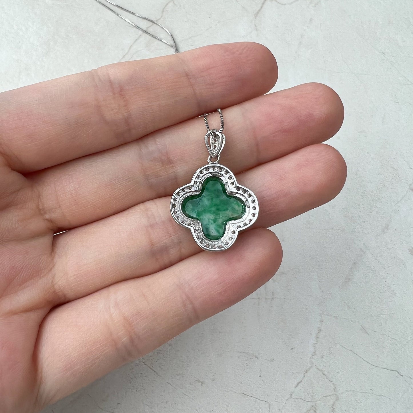 Four Leaf Clover, Jadeite Jade, Sterling Silver, Minimalist Pendant Hand Carved Necklace, TH-0921-TH0075336 - AriaDesignCollection
